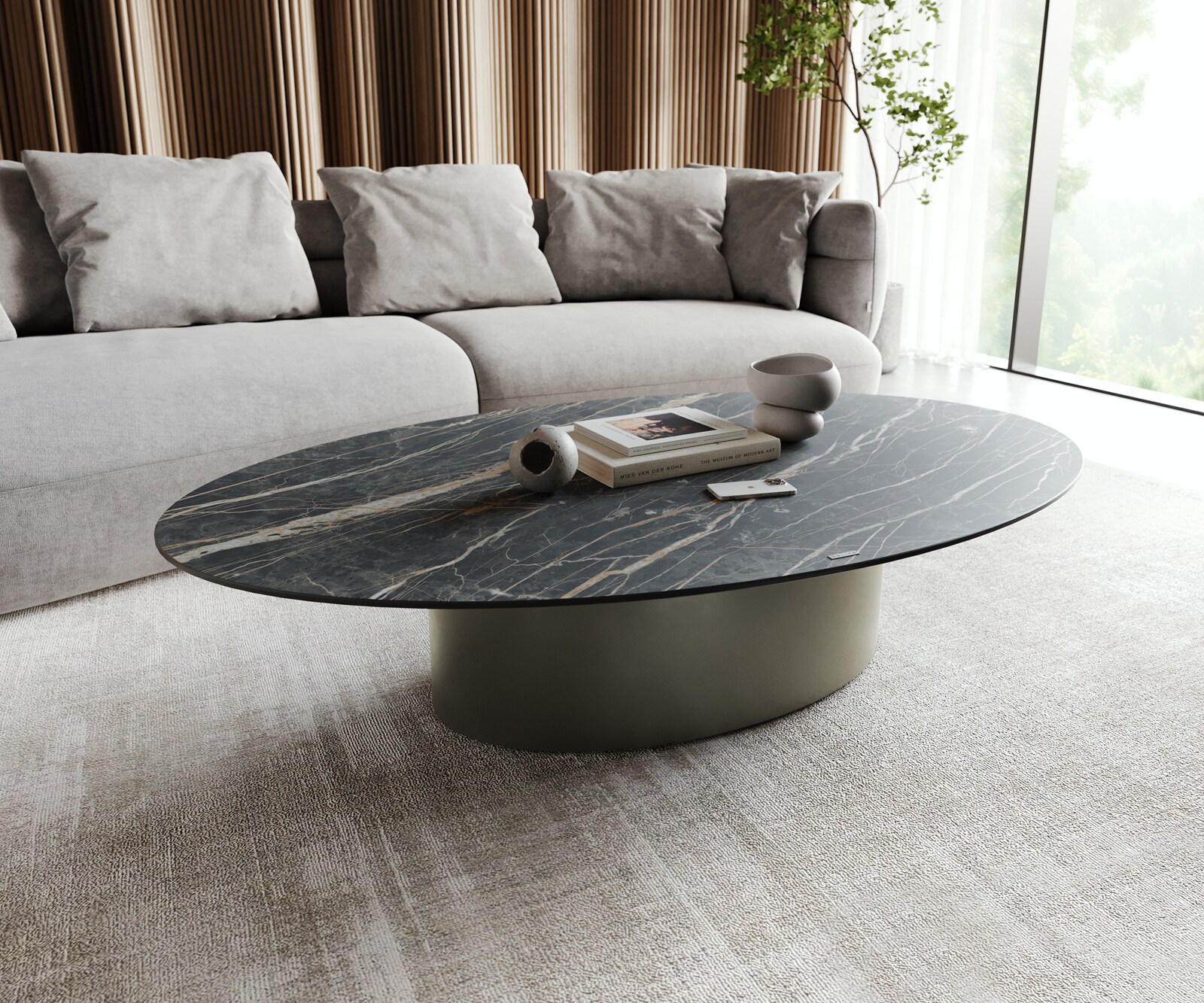 Salontafel Casilda 150x90 cm keramiek Laminam®Noir Desir Bruin middenpoot titaniumeffect