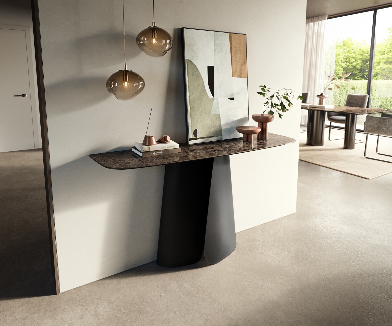 Consoletafel Edge Bootvorm 140x40 cm Keramiek Emperador Extra Lucidato Dunkelbraun Livos Metaal Zwart 3