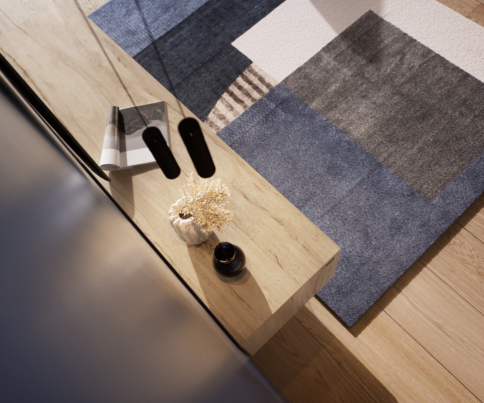 Tv-meubel Cuor 220 cm Keramiek Laminam® Sabbia Eiken gekleurd 1 Flap 2 Laden Zwevende voet look Acrylglas 6