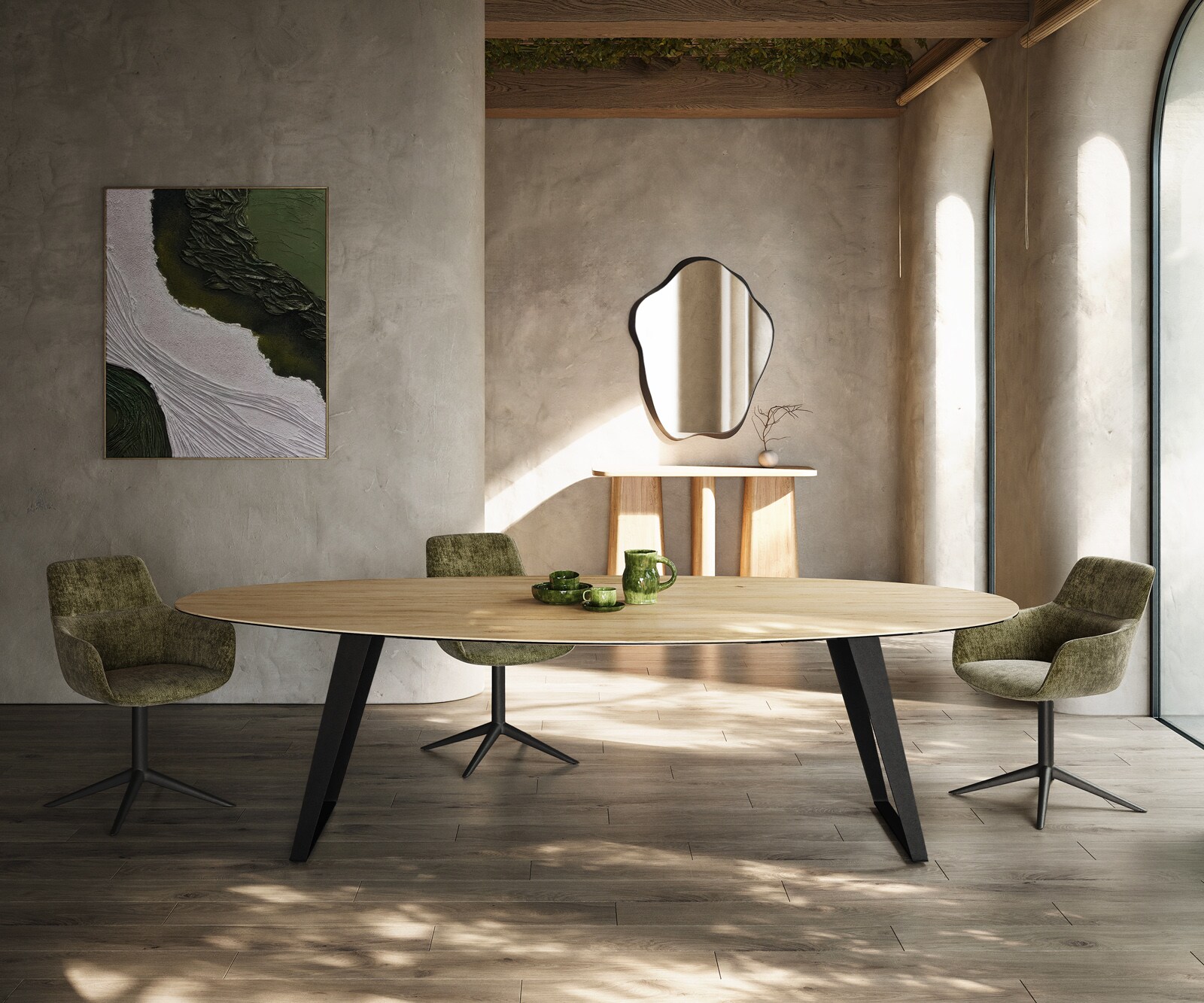 Eetkamertafel Edge Oval 280x130 cm Keramiek Laminam® Sabbia eikenkleurig Metaal Schuin Zwart 1