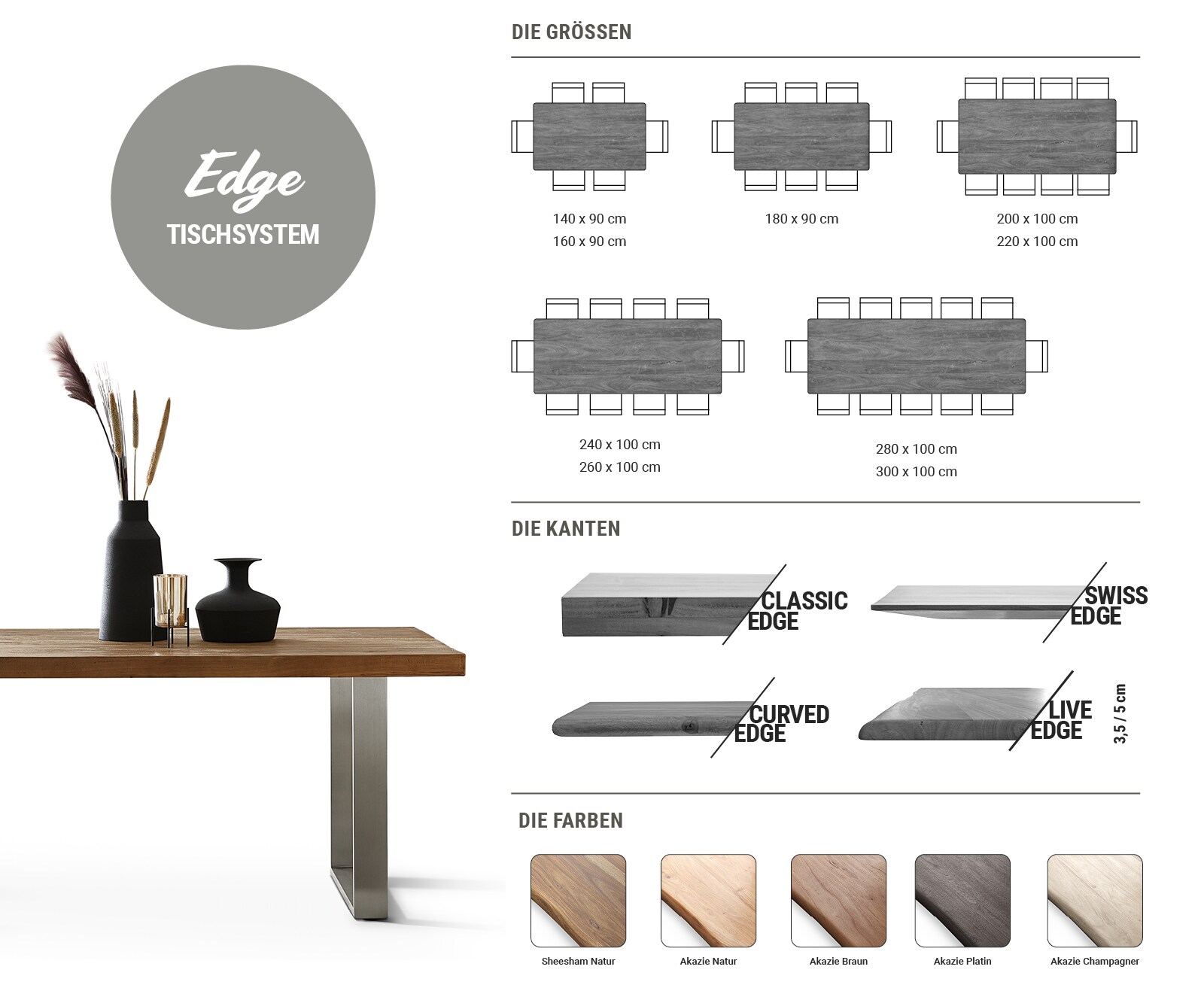 Eettafel Edge 200x100 acacia natuur roestvrijstaal smal Zwitserse rand 7