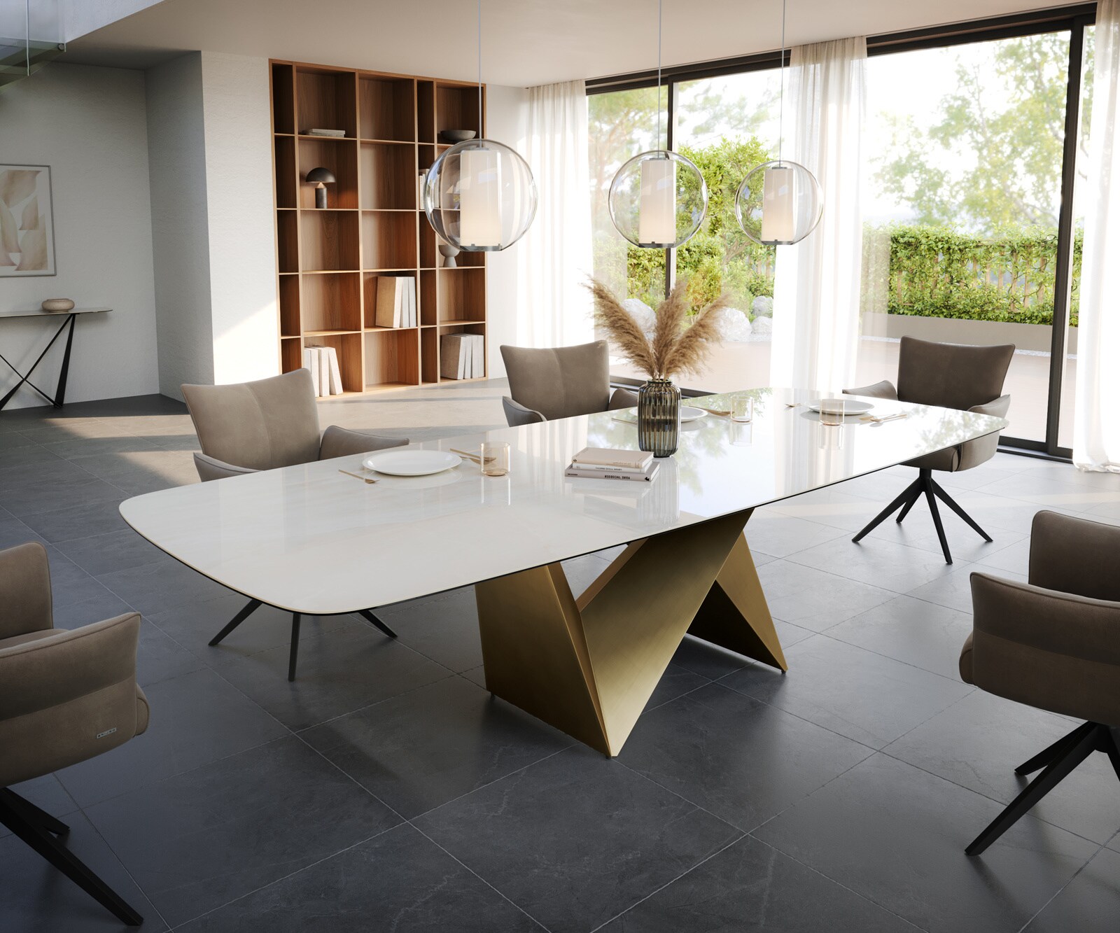 Eettafel Edge Boot 300x120 cm Keramiek Onyx Champagne Origami Metaalic Goud