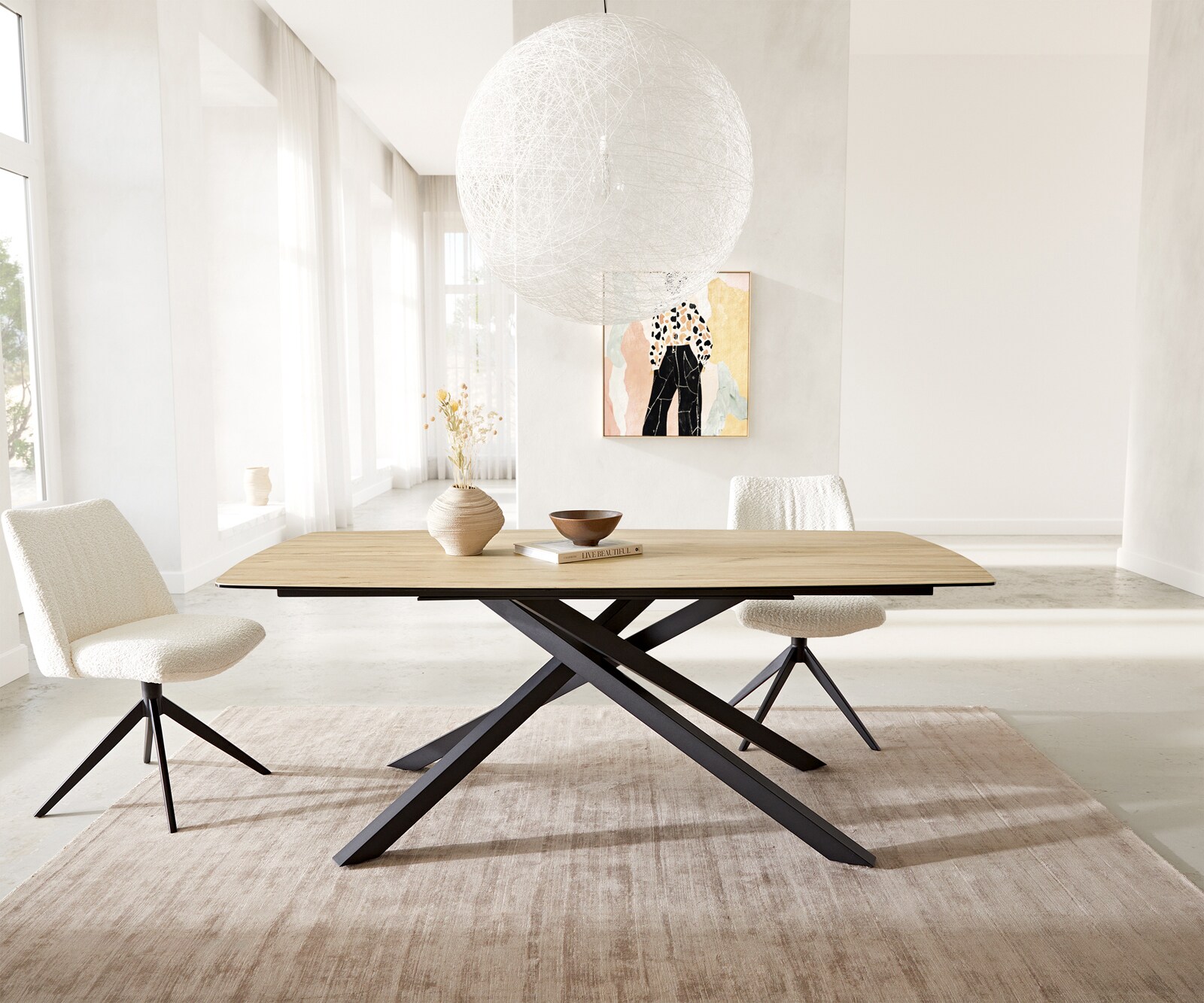 Eetkamertafel Edge Boot 200x100 keramiek Laminam® Sabbia eiken kleur kruisframe rechthoek zwart