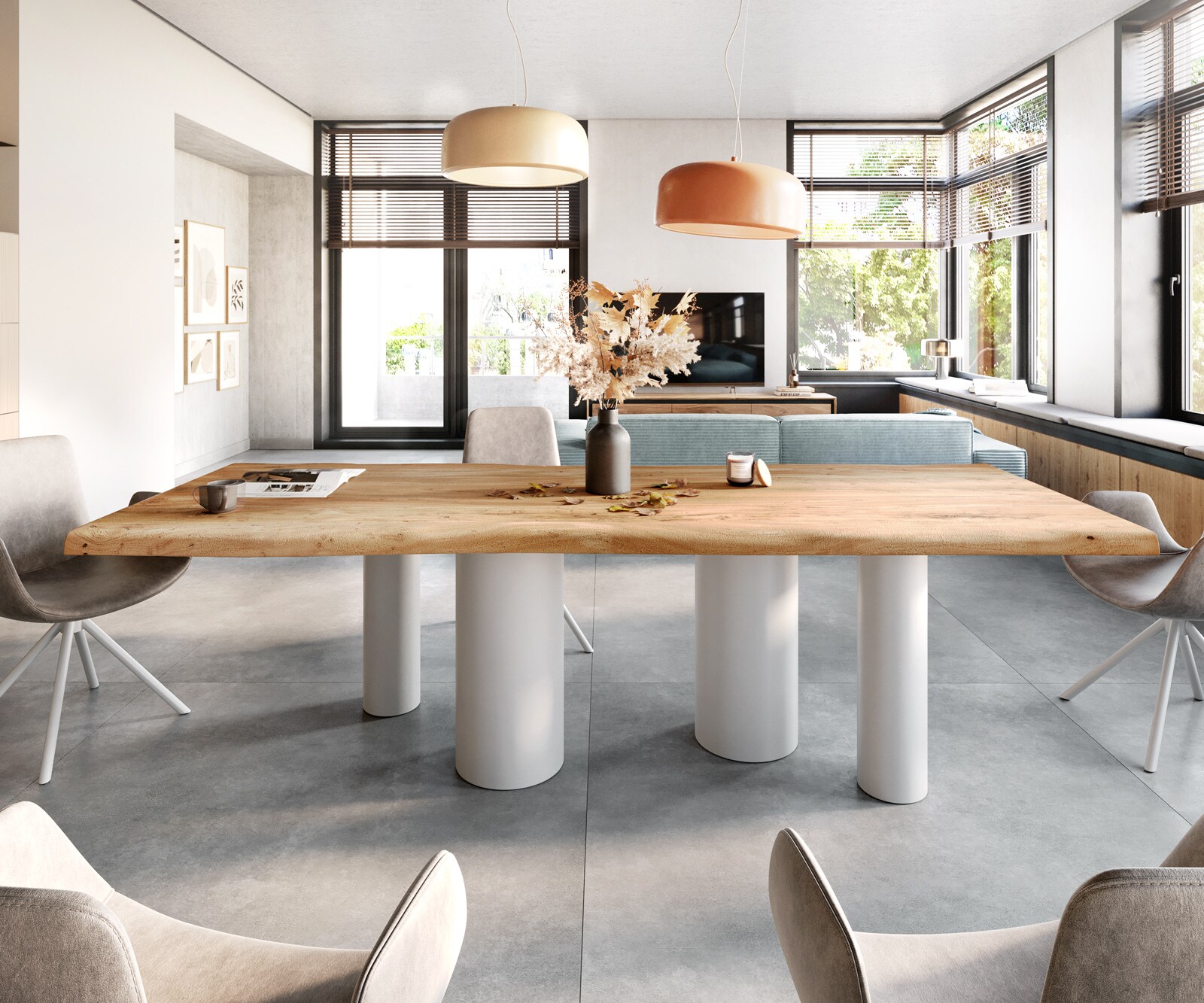 Eetkamertafel Edge 280x100 XL acacia natuurPilier metaal wit Live-Edge 1