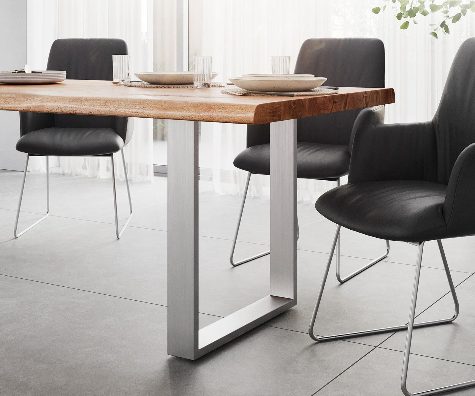 Eettafel Edge 260x100 XL acacia natuur roestvrijstaal smal Live-Edge 5