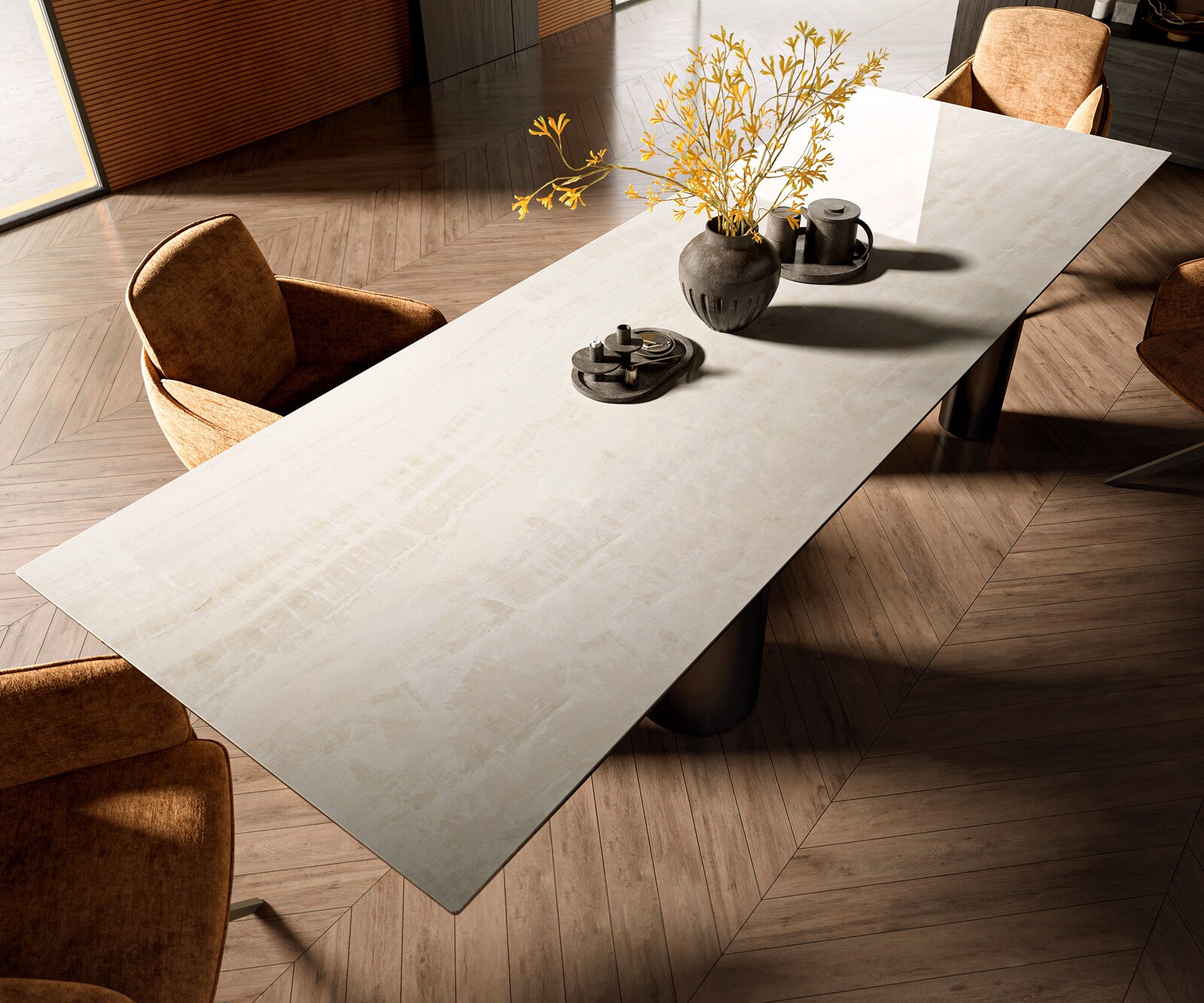 Eettafel Edge 300x100 cm keramiek Onyx Champagne Pilier roestvrij staal grafiet 4