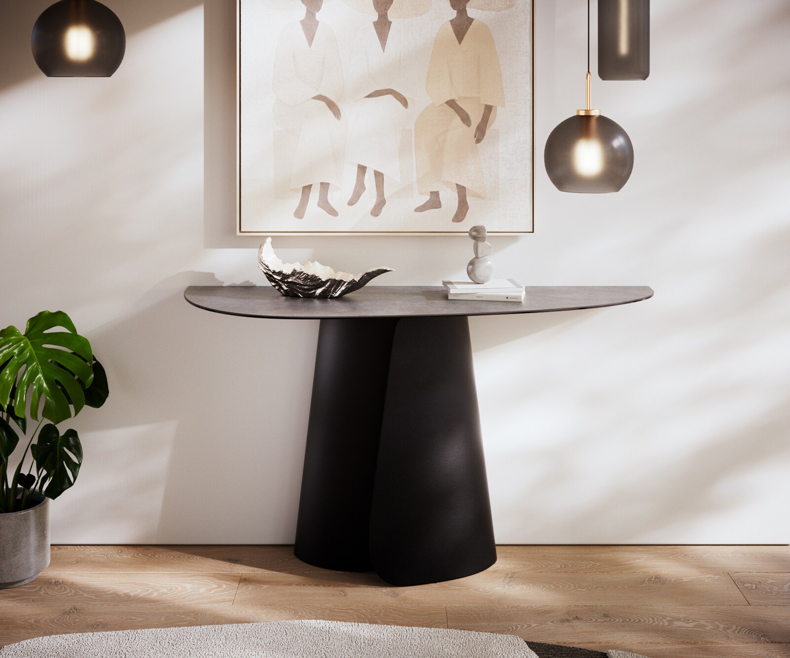 Consoletafel Edge Oval 140x40 cm Keramiek Beton Grijs Livos Metaal Zwart 1