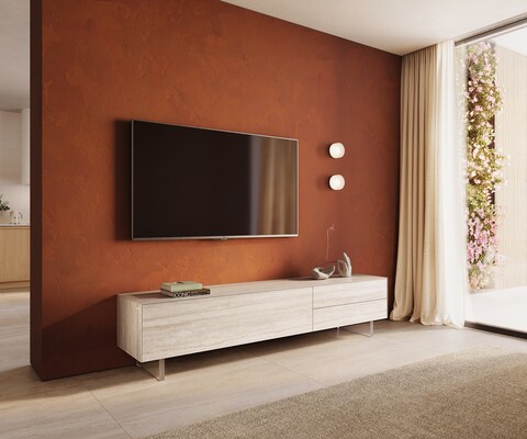 Tv-meubel Cuor 220 cm Keramiek Laminam® Travertino Bianco Crème-wit 1 Flap 2 Laden Zwevende voet look Acrylglas
