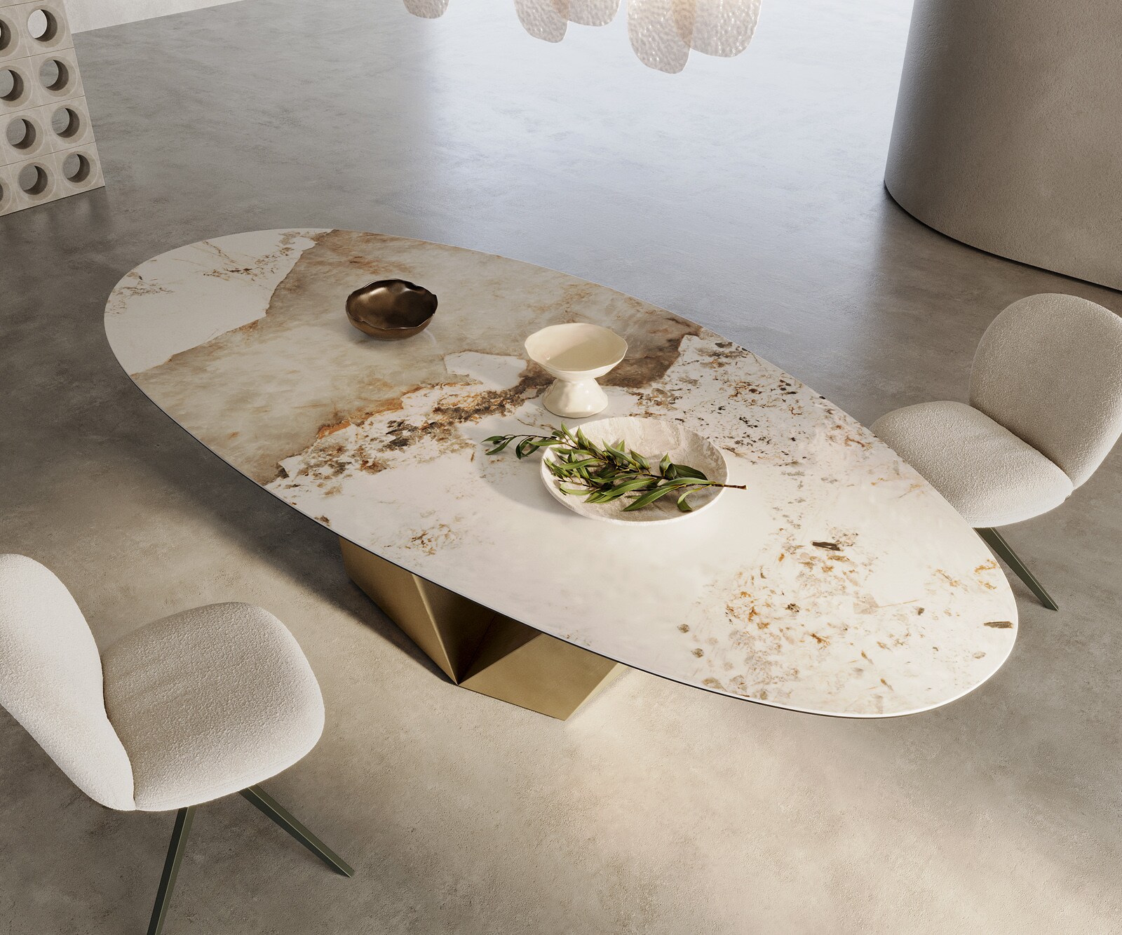 Eettafel Edge Oval 280x130 keramiek  Minas Melange wit-beige  Prisma metaal goud 1