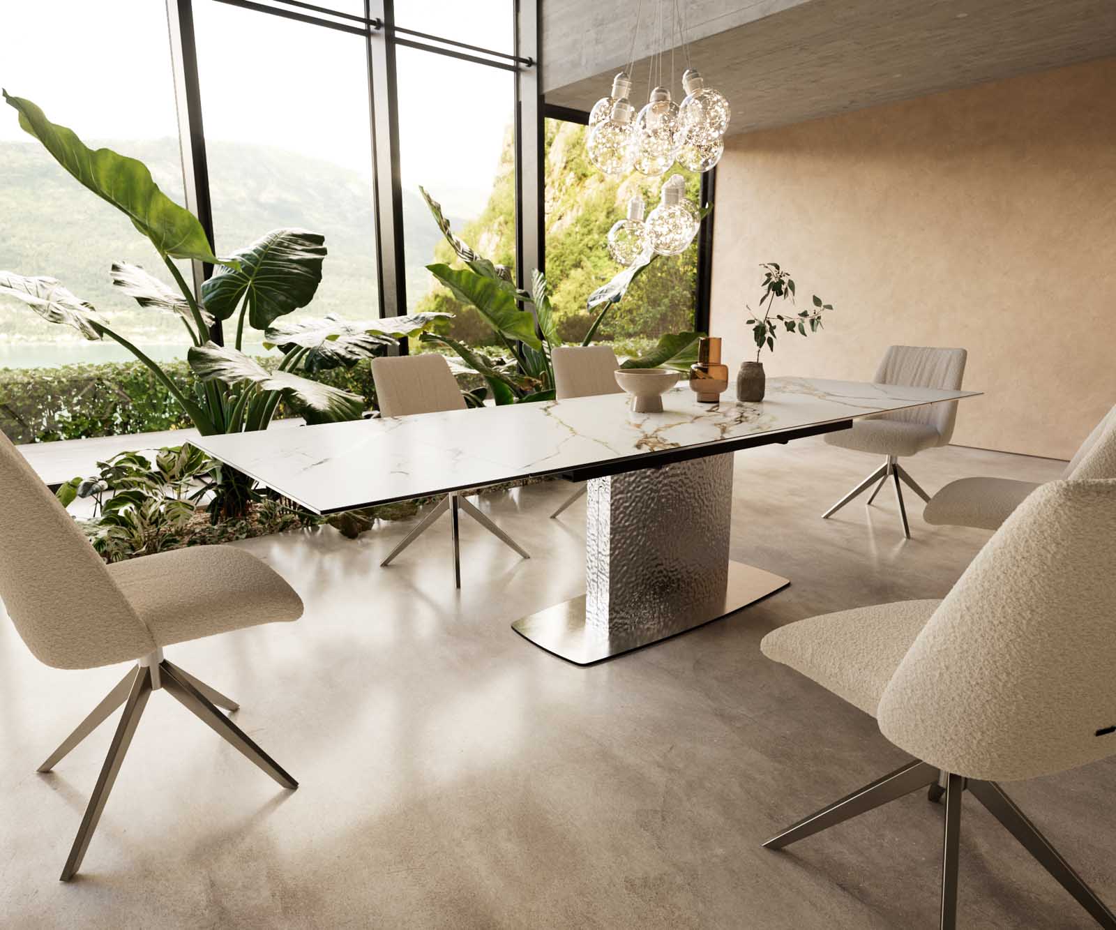 Eetkamertafel Edge 200-300x100 keramiek Calacatta Luxe wit-goud-grijs Wave RVS uitschuifbaar