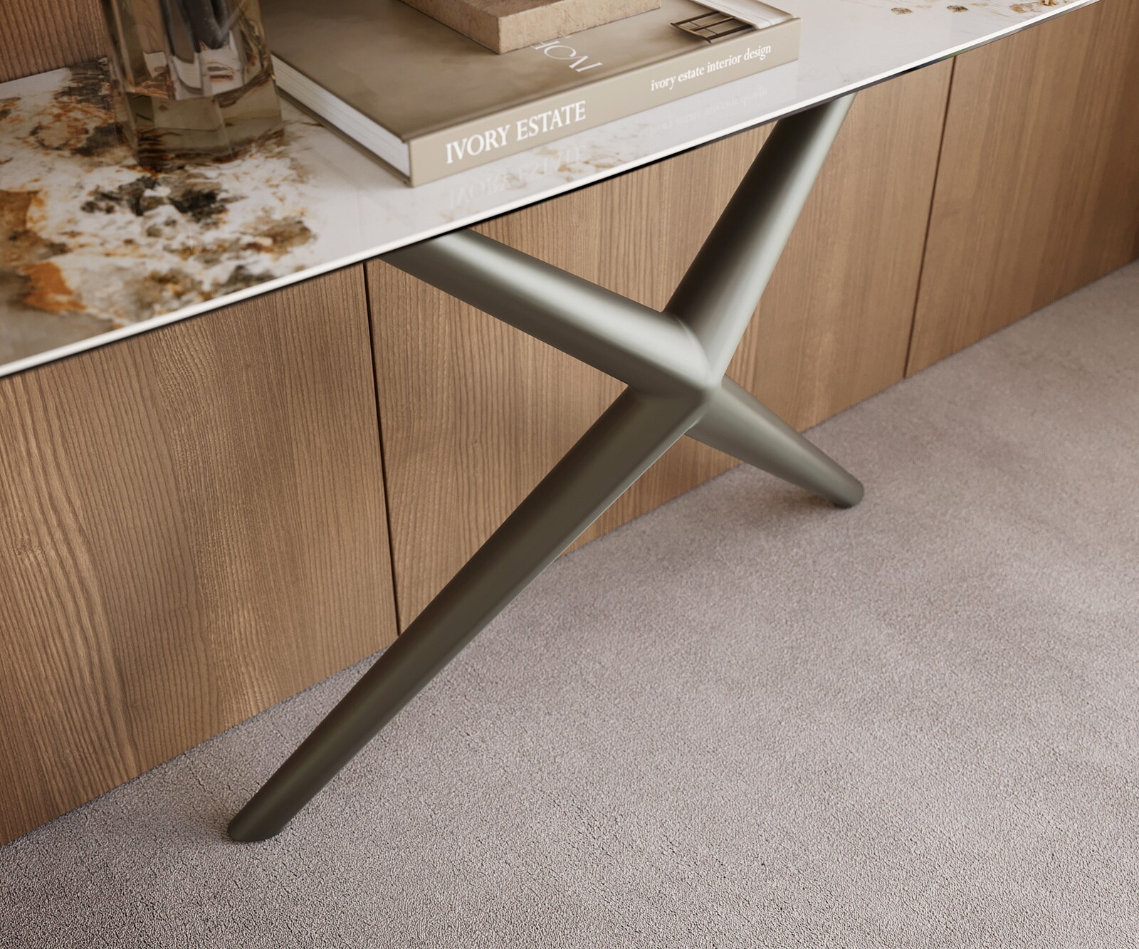 Consoletafel Edge Bootvorm 180x40 cm Keramiek Minas Melange Weiß-Beige Estelo Metaal Effektfinish Titan 6