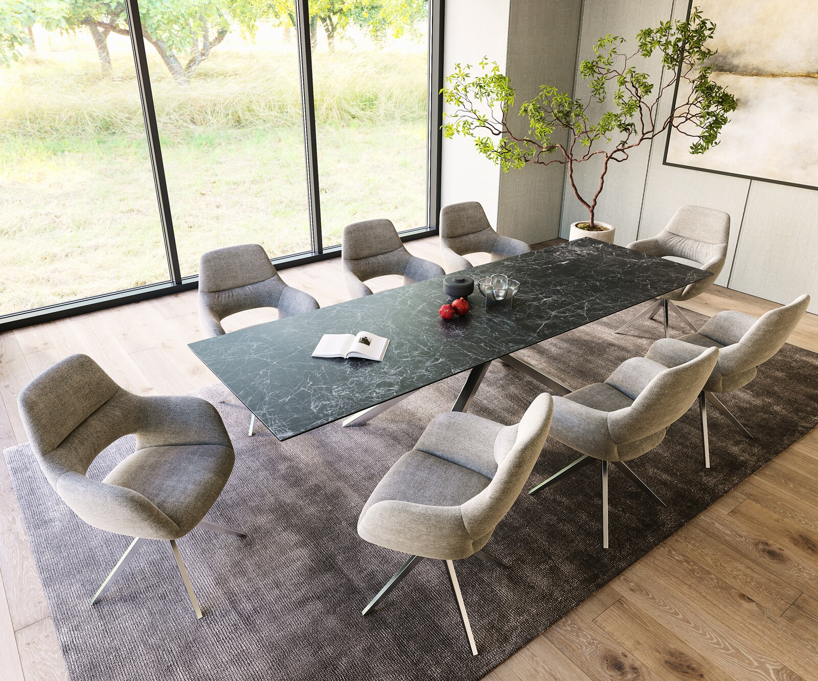 Eettafel Edge 300x100cm Laminam® keramiek grijs middenpoot kruis zilver 5 Eettafel Edge 300x100cm Laminam® keramiek grijs middenpoot kruis zilver 5