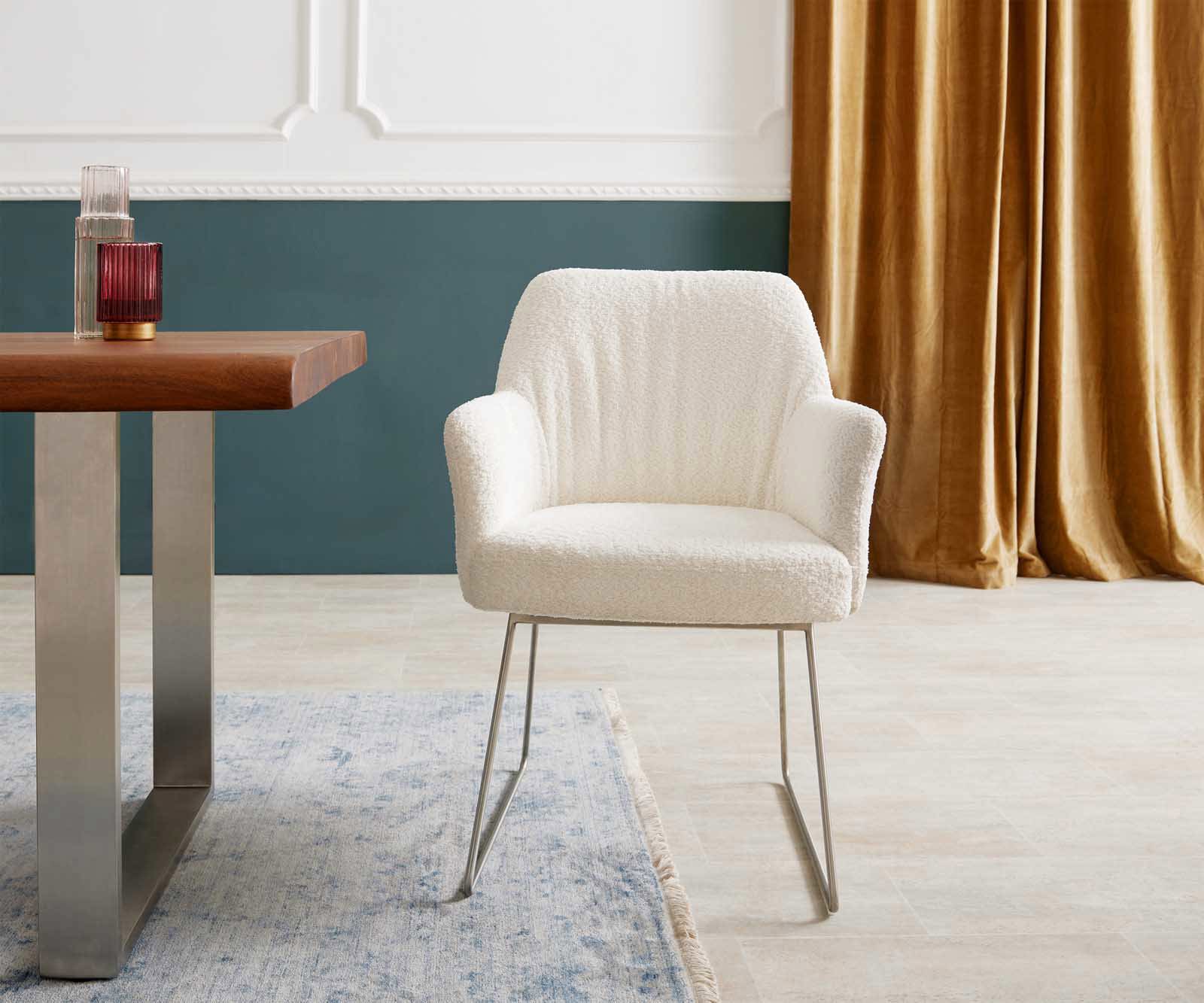 Eetkamerstoel Xana-Flex met armleuning bouclé wit slipframe roestvrij staal pocketveer kern 1 Eetkamerstoel Xana-Flex met armleuning bouclé wit slipframe roestvrij staal pocketveer kern 1