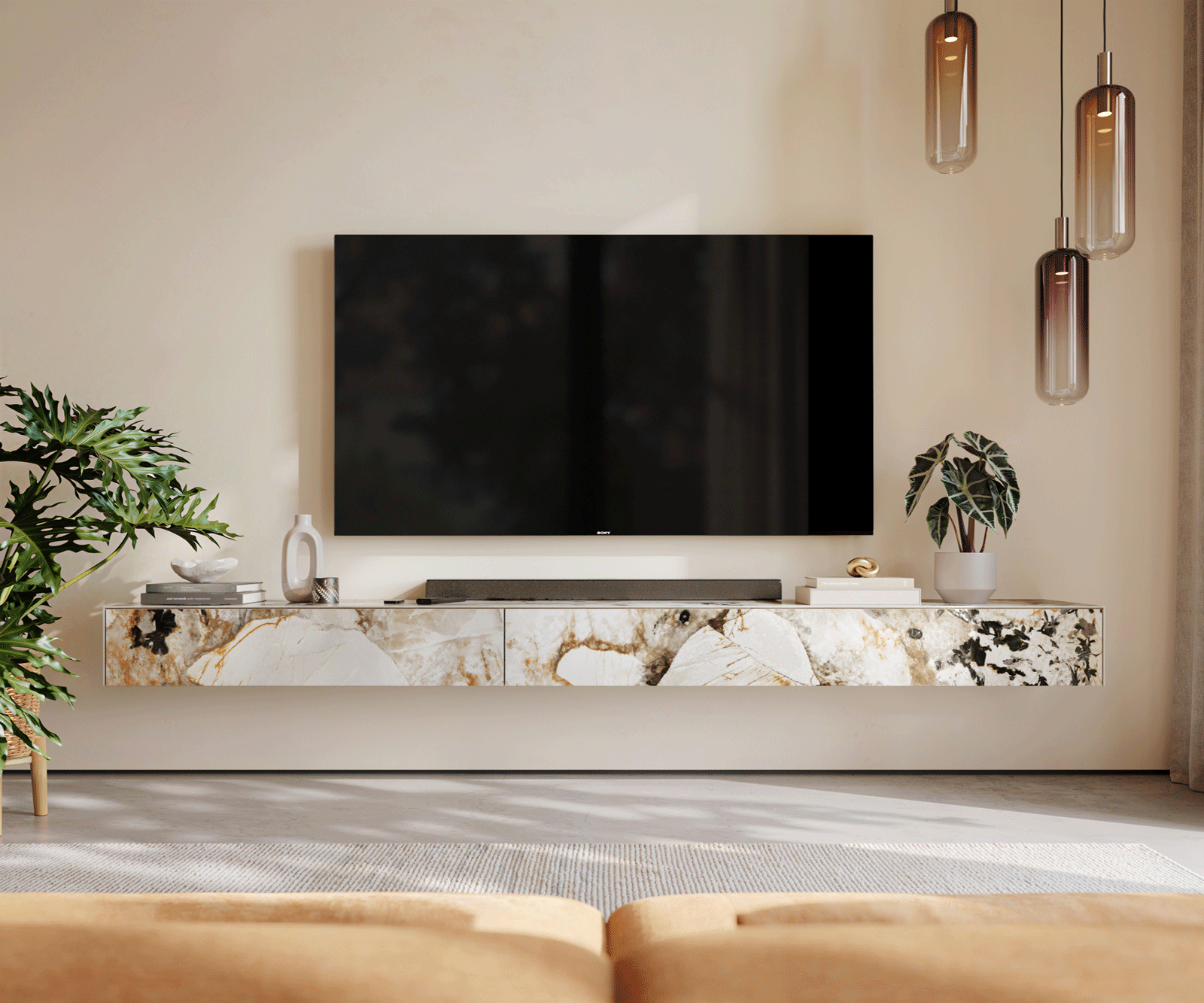 Tv-meubel Cuor 250 cm Keramiek Patagonia gepolijst 1 Flap 1 Laden Zwevend 2