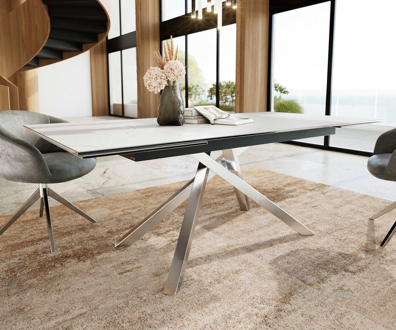 Eetkamertafel Edge 200-300x100 keramiek Laminam®Statuarietto Weiß kruisframe rechthoek RVS uitschuifbaar 5
