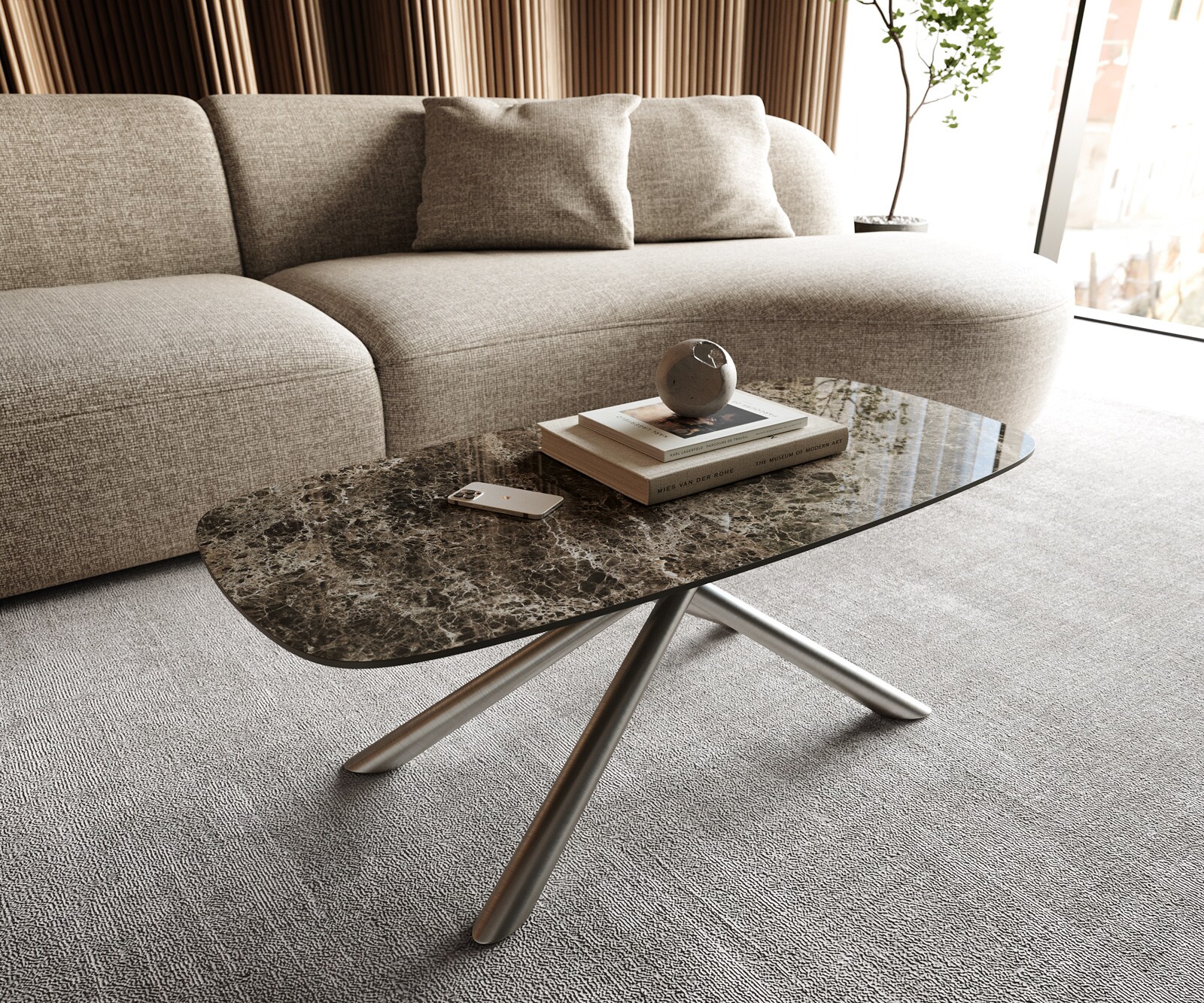 Salontafel Edge bootvorm 100x50 cm keramiek Emperador Extra Lucidato donkerbruin Sarity roestvrij staal geborsteld