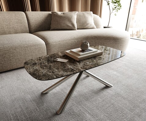 Salontafel Edge bootvorm 100x50 cm keramiek Emperador Extra Lucidato donkerbruin Sarity roestvrij staal geborsteld