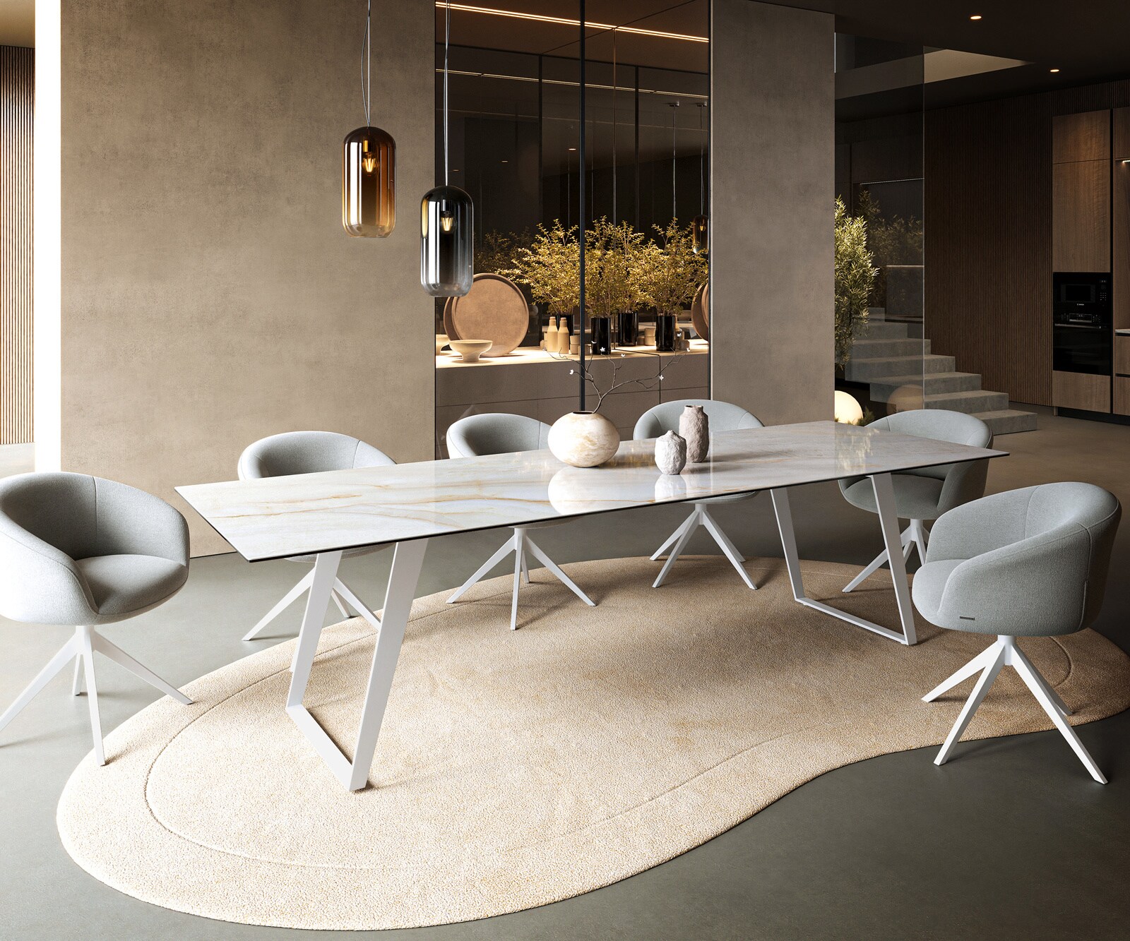 Eettafel Edge 300x100 cm keramiek Onyx Pearl schuin onderstel metaal wit 6