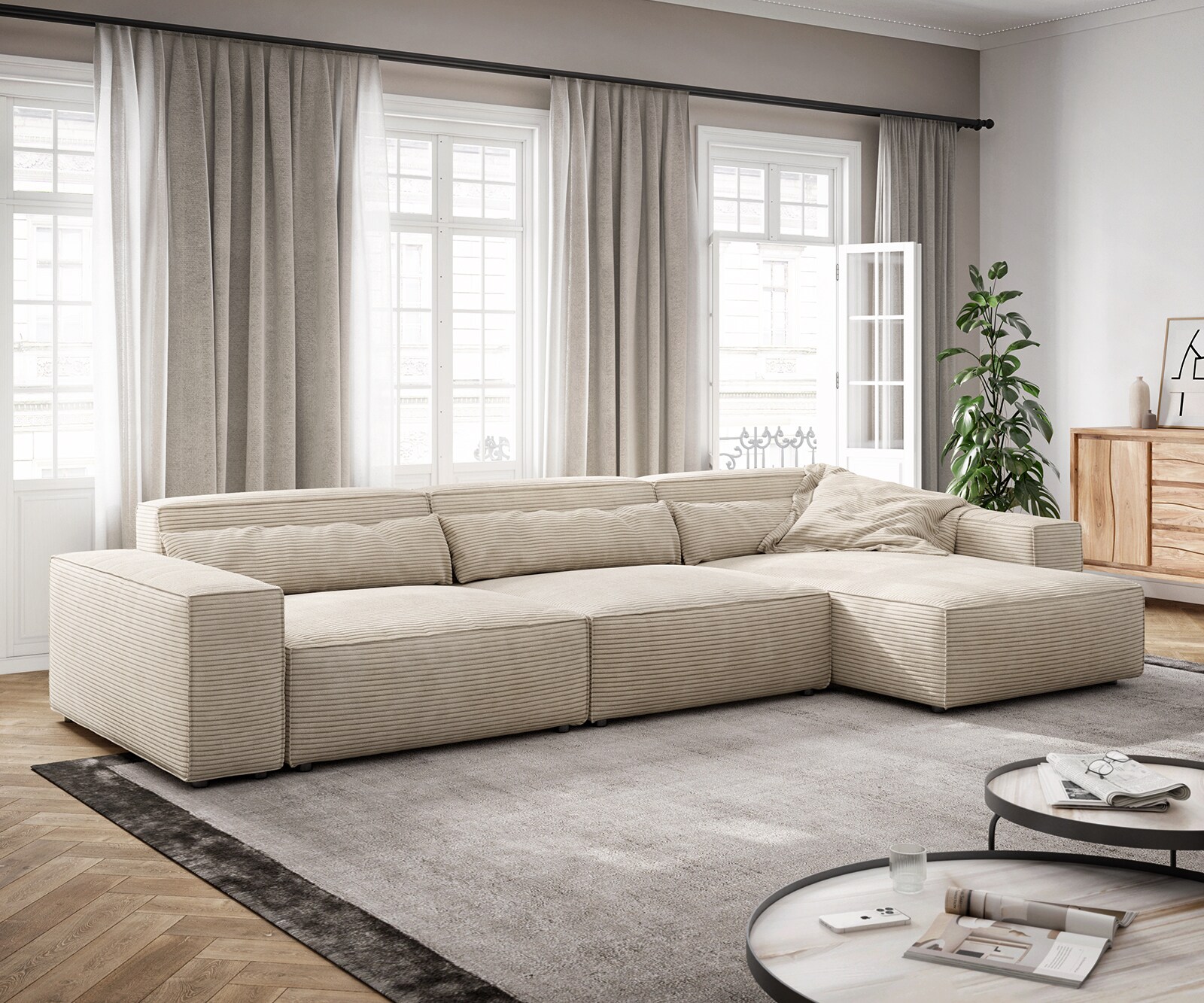 Hoekbank Sirpio XL 370x170 cm koord beige recamiere variabele