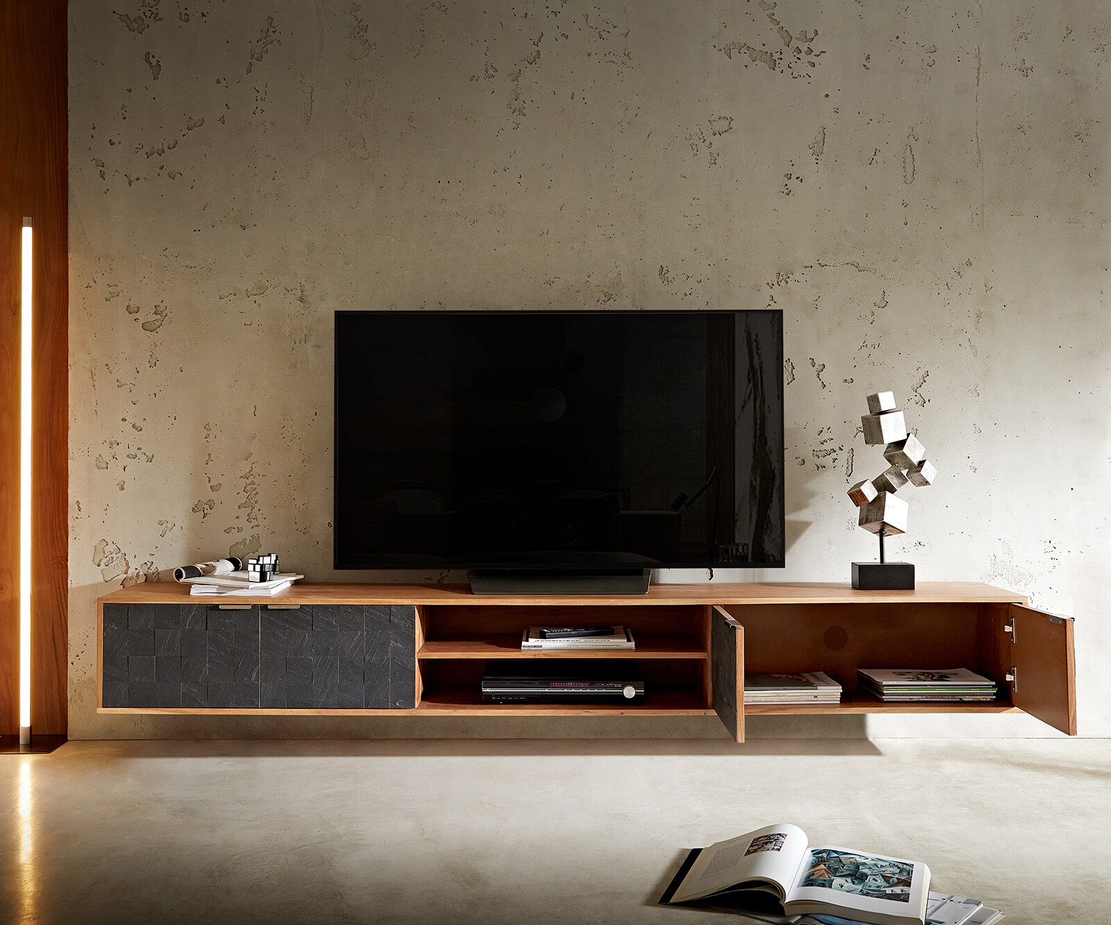 Tv-meubel Teele 240 cm acacia natuurleisteen 4 deurs zwevend 5
