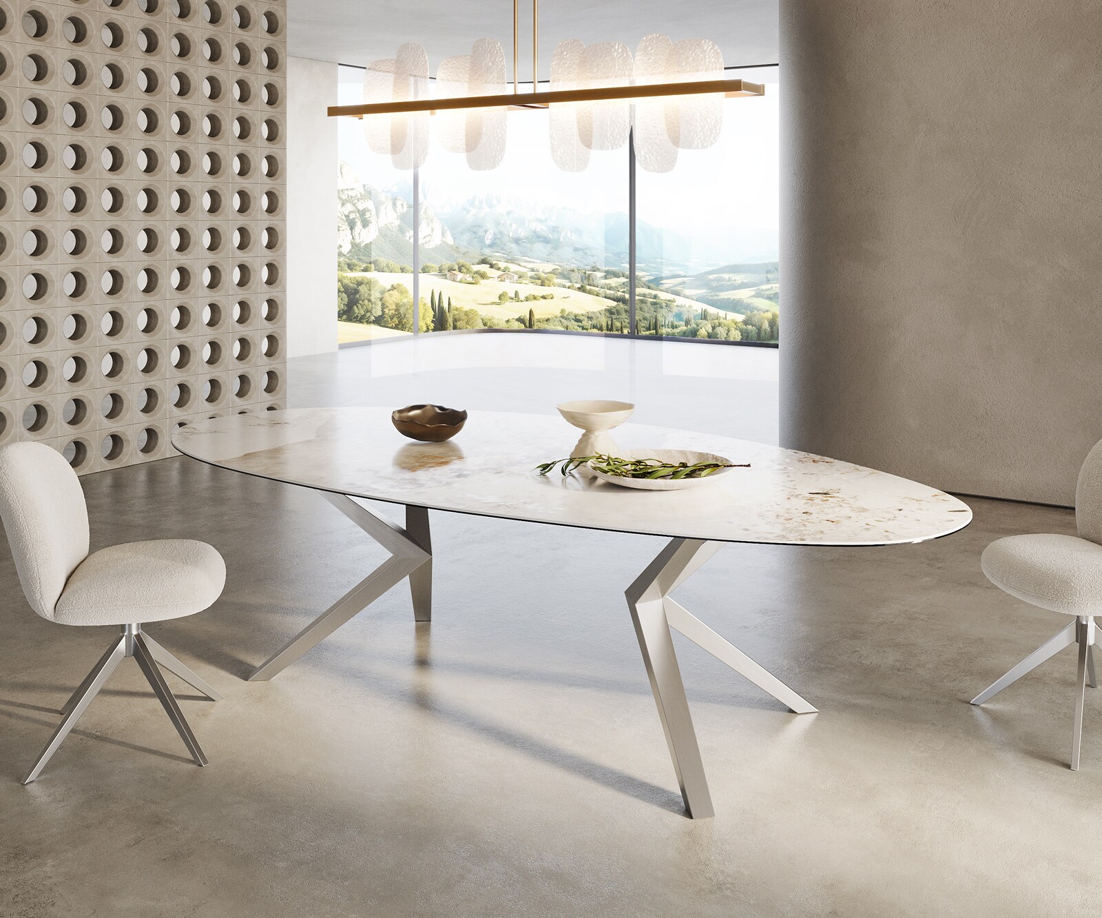 Eetkamertafel Edge ovaal 280x130 keramiek Minas Melange wit-Beige Zenthara hoekig roestvrij staal 3