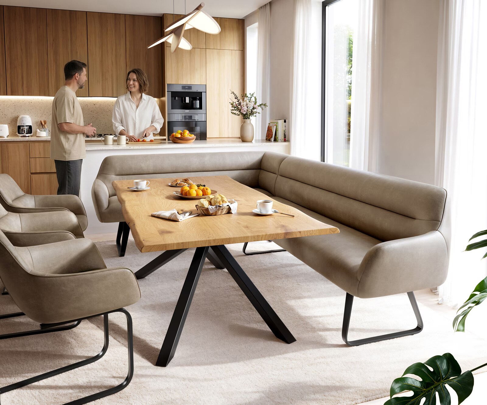 Eetkamerbank Taya-Flex 285x190 cm microvelours beige vintage platte sledebasis zwart pocketvering rechts