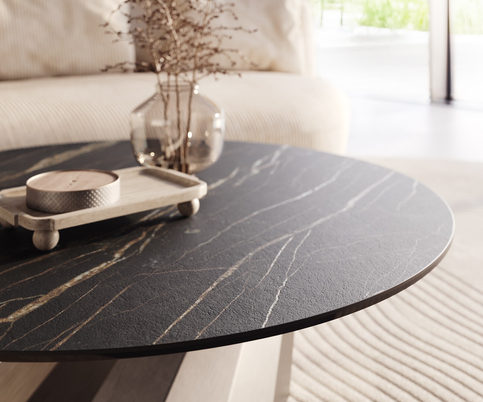 Salontafel Edge rond 100x100 cm keramiek Laminam® Noir Desir bruin Parabi geborsteld roestvrij staal 4