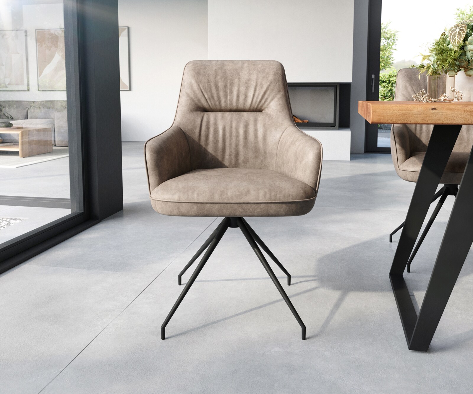 Eetkamerstoel Zelia-Flex met armleuning microvelours taupe vintage kruisframe conisch zwart pocketveer kern 1 Eetkamerstoel Zelia-Flex met armleuning microvelours taupe vintage kruisframe conisch zwart pocketveer kern 1