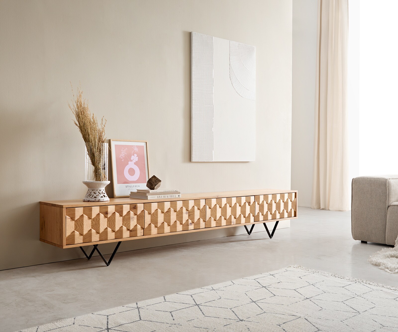 Tv-meubel Fevo 220 cm natuur eiken 4 deuren V-poot metaal zwart
