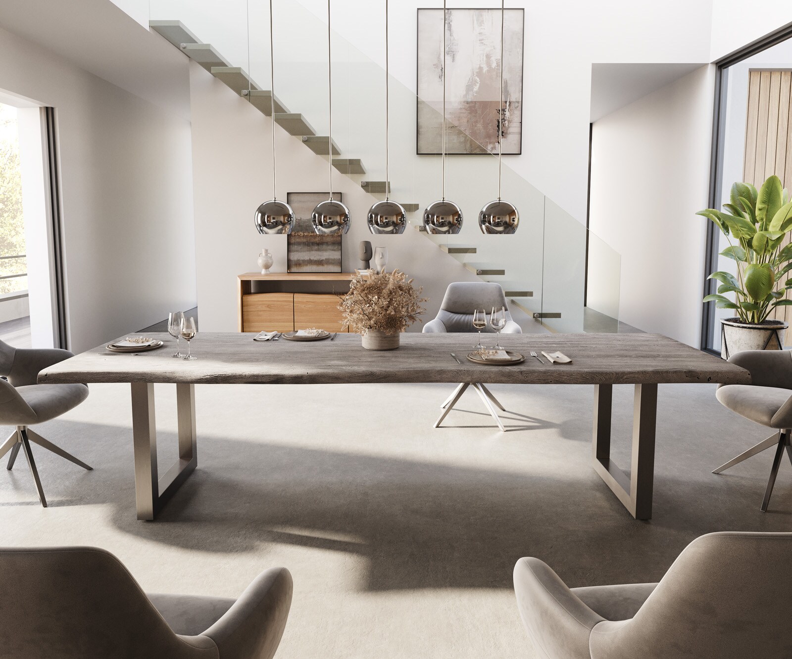Eettafel Edge 300x100 XL acacia platina roestvrijstaal breed Live-Edge 1