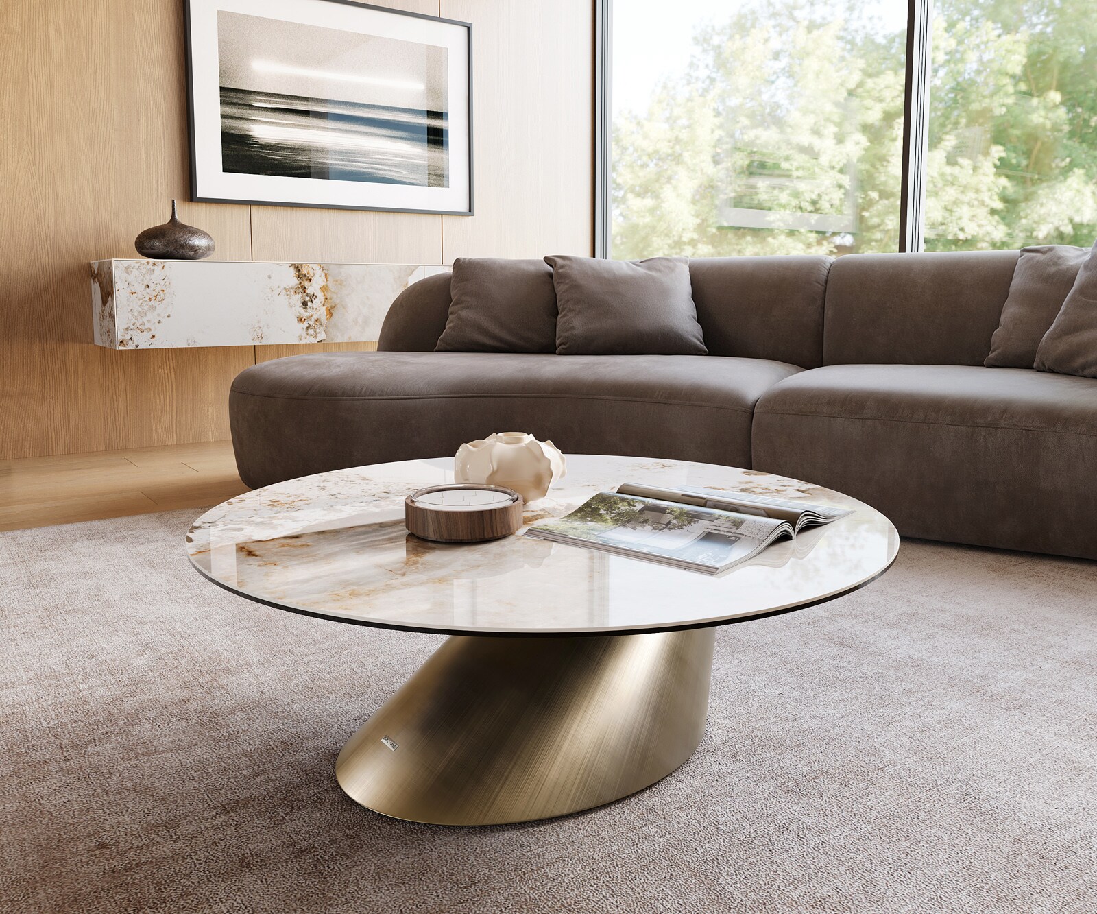 Salontafel Edge rond 100x100 cm keramiek Minas Melange Conis metallic goud
