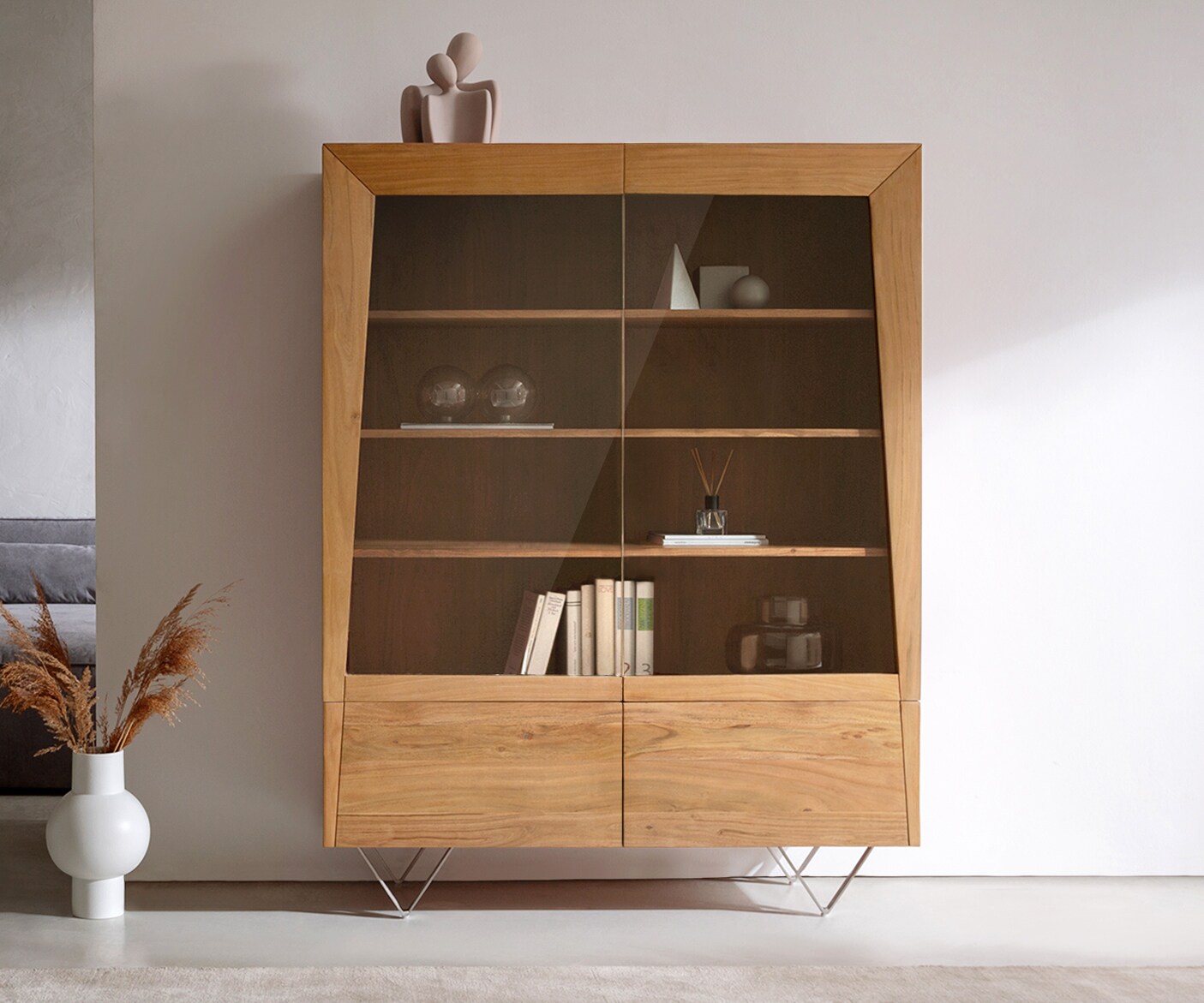 Hoge kast Kayu 115x150 cm acacia natuur 2 glazen deuren V-poot 2