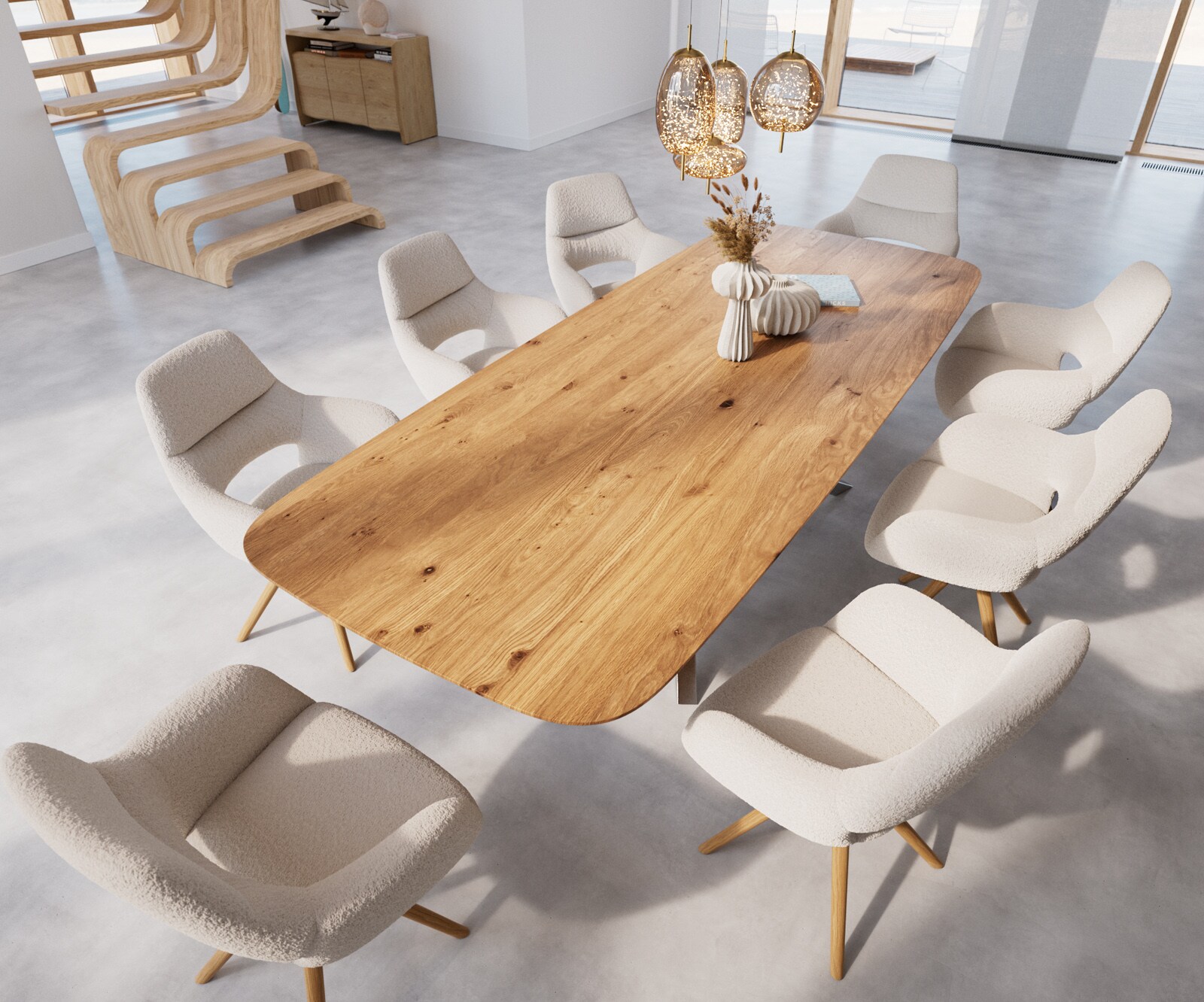 Eettafel Edge Boot 300x120x2,5-3 eiken natuur kruisframe rechthoek roestvrij staal  Schweizer Kante 4