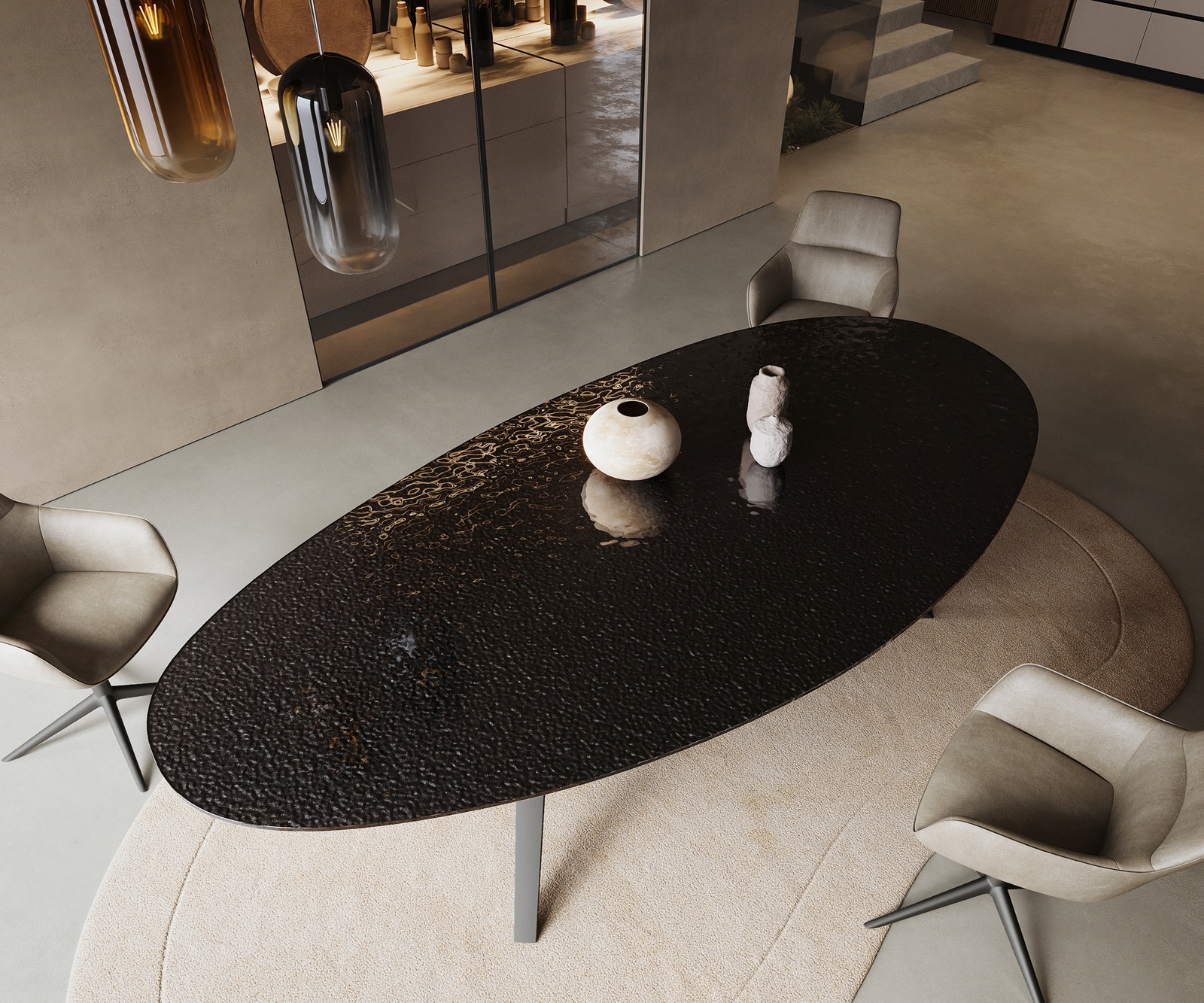 Eetkamertafel Edge ovaal 280x130 reliëfglas Rauchzwart 3D-Design Zenthara hoekig metaal zwart 3 Eetkamertafel Edge ovaal 280x130 reliëfglas Rauchzwart 3D-Design Zenthara hoekig metaal zwart 3
