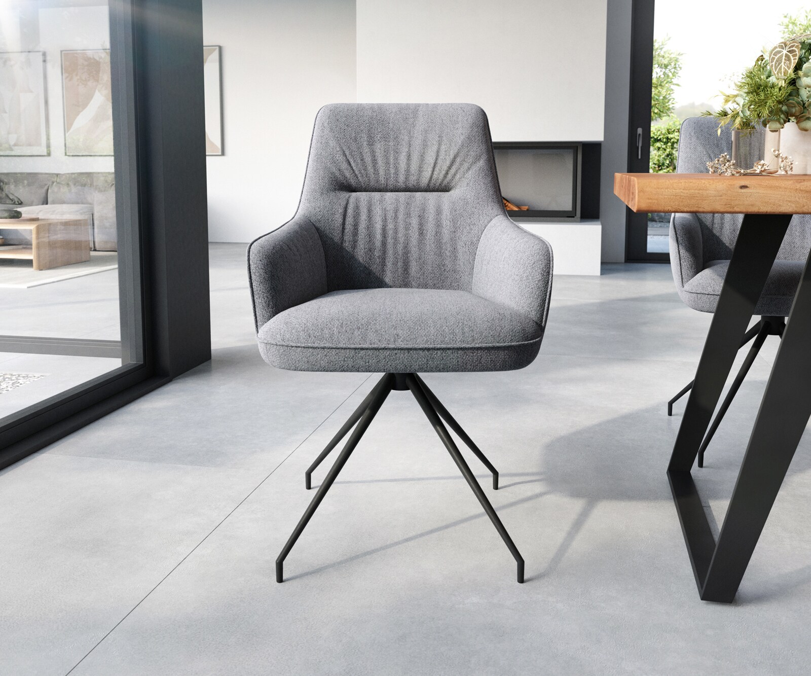 Eetkamerstoel Zelia-Flex met armleuning structuurstof lichtgrijs kruisframe conisch zwart pocketveer kern 1 Eetkamerstoel Zelia-Flex met armleuning structuurstof lichtgrijs kruisframe conisch zwart pocketveer kern 1