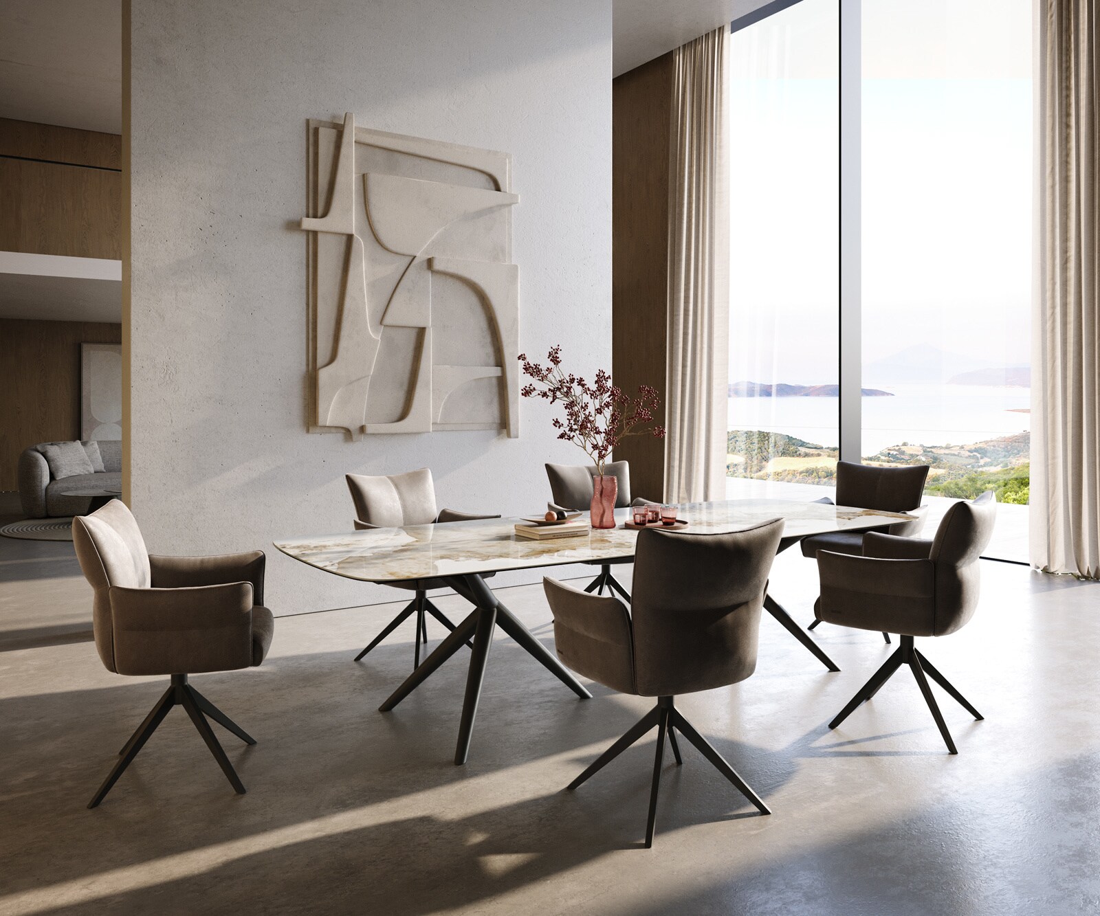 Eettafel Edge Boot 300x120 cm Keramiek Minas Melange Wit-Beige Estelar rond Metaal Zwart 6