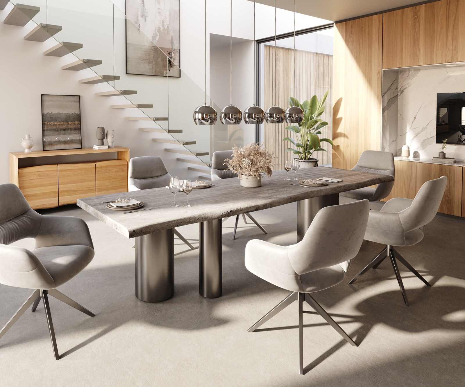 Eetkamertafel Edge 300x100 XL acacia platina Troa roestvrij staal grafiet Live-Edge 7