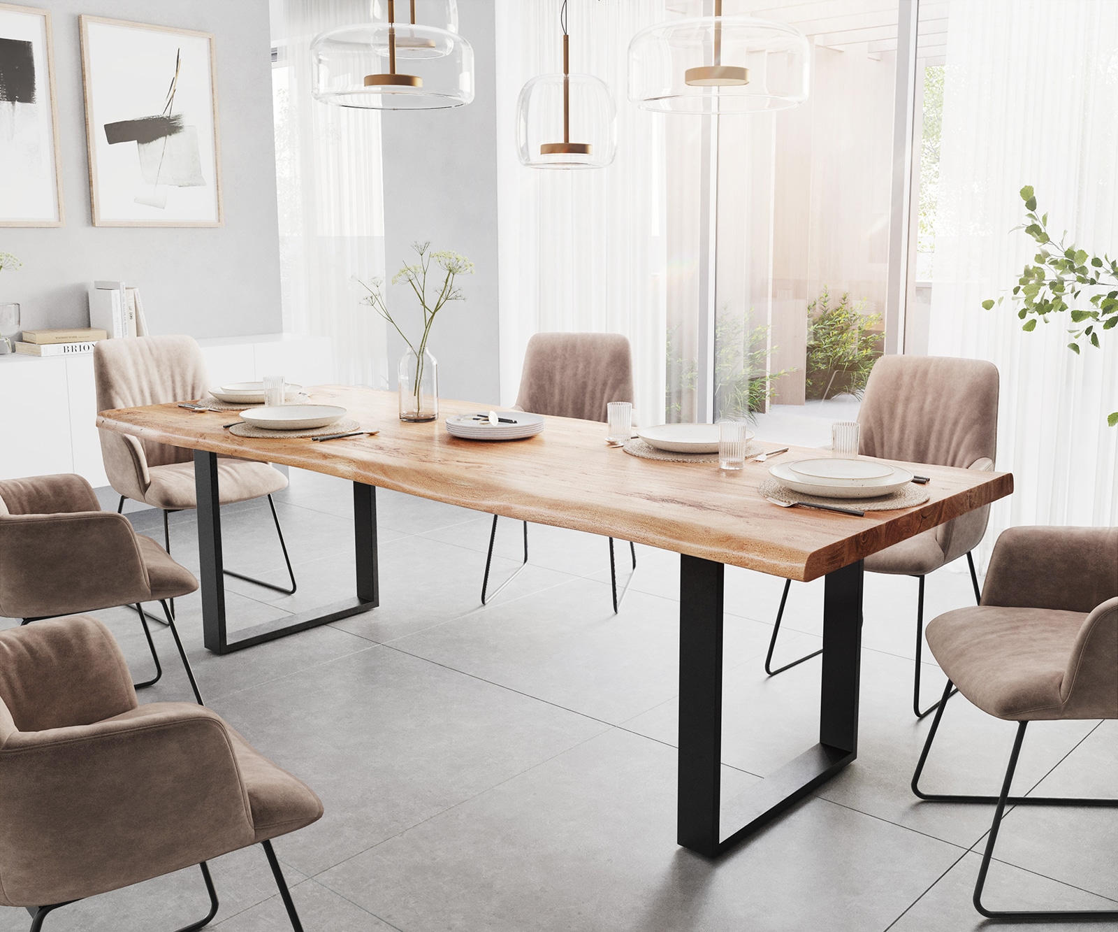 Eettafel Classic-Edge 260x100 acacia natuur frame hoekig metaal zwart Eettafel Classic-Edge 260x100 acacia natuur frame hoekig metaal zwart