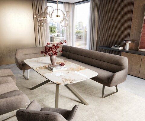 Eetkamerbank Taya-Flex 285x190 cm zachte stof met structuur taupe platte sledebasis afwerking met titaniumeffect pocketvering links