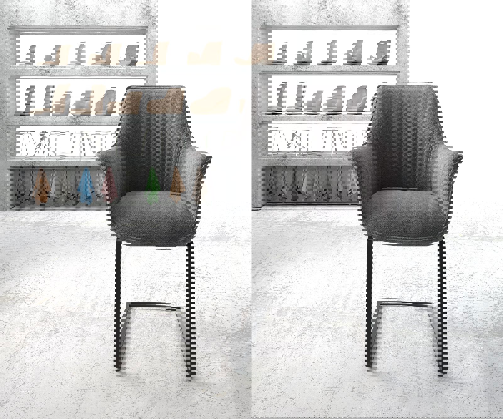 Sledemodel Keila-Flex met armleuning structuurstof lichtgrijs sledemodel vlak zwart 1 Sledemodel Keila-Flex met armleuning structuurstof lichtgrijs sledemodel vlak zwart 1