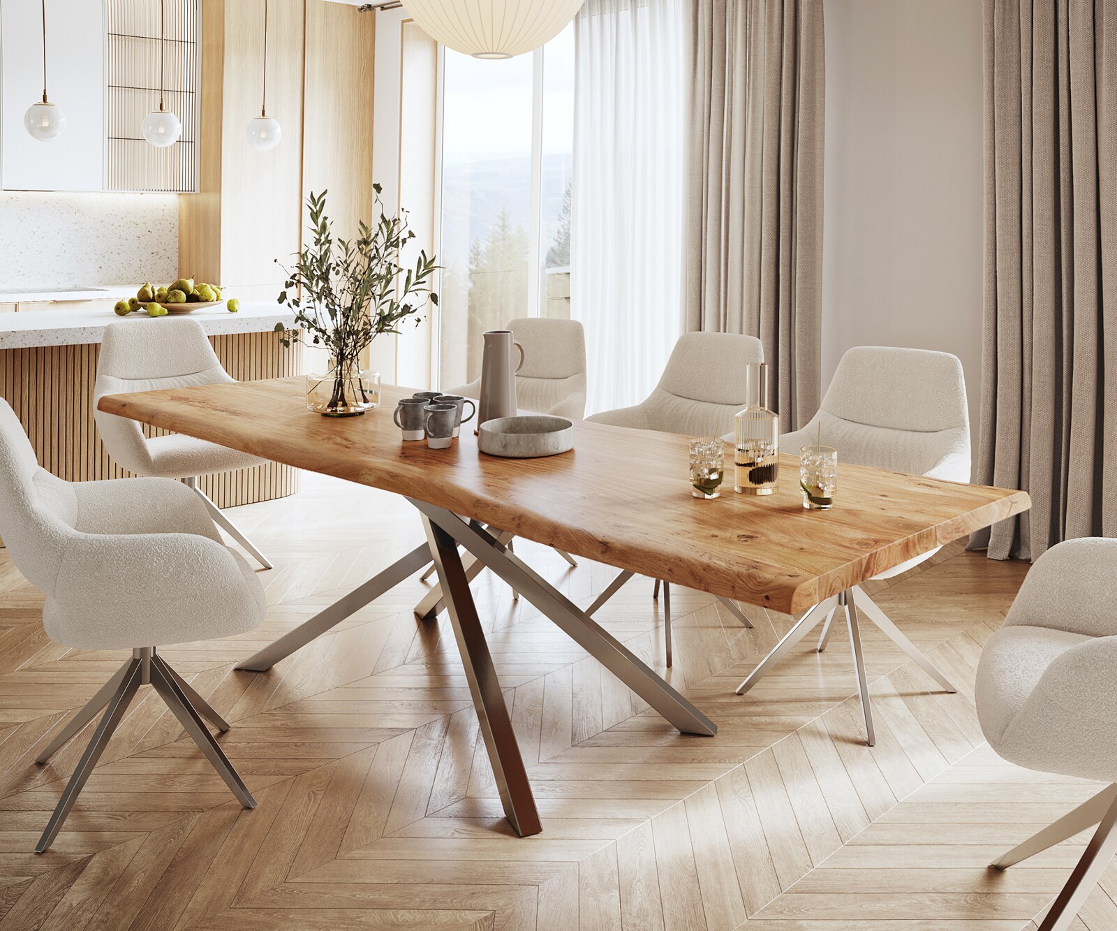 Eettafel Edge 280x100 XL acacia natuur kruisframe rechthoek roestvrij staal  Live-Edge 1