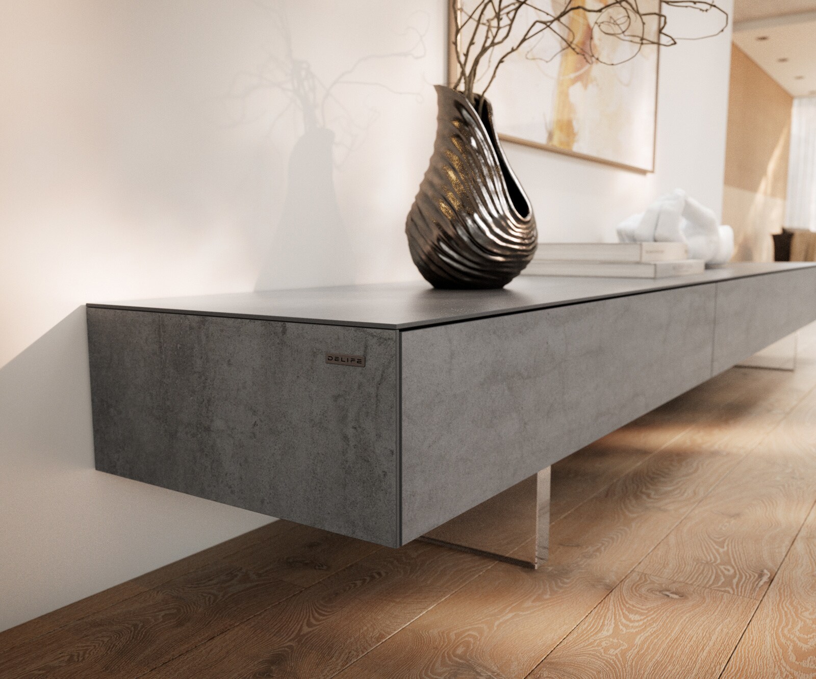 Tv-meubel Cuor 250 cm Keramiek Beton Grijs 1 Flap 1 Laden Zwevende voet look Acrylglas 6