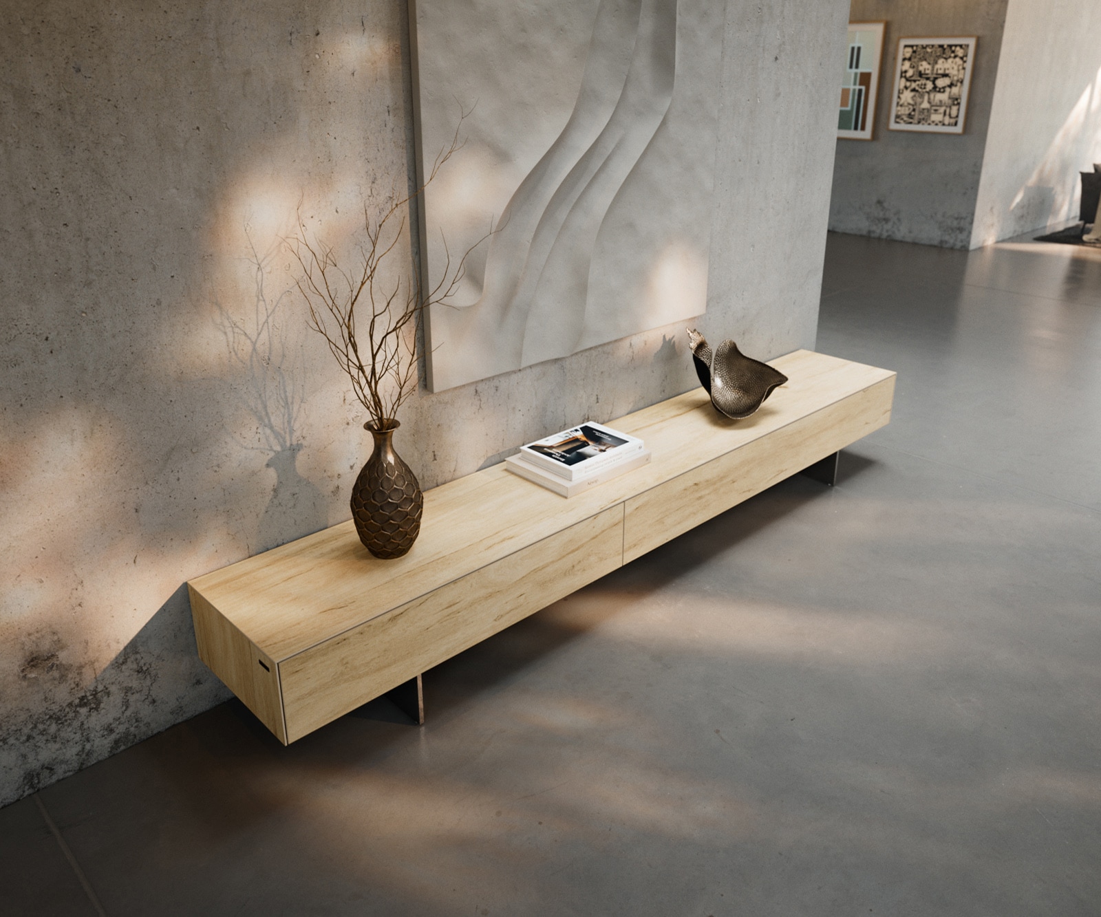 Tv-meubel Cuor 250 cm Keramiek Laminam® Sabbia Eiken gekleurd 1 Flap 1 Lade Zwevende voet look Roestvrij staal 4