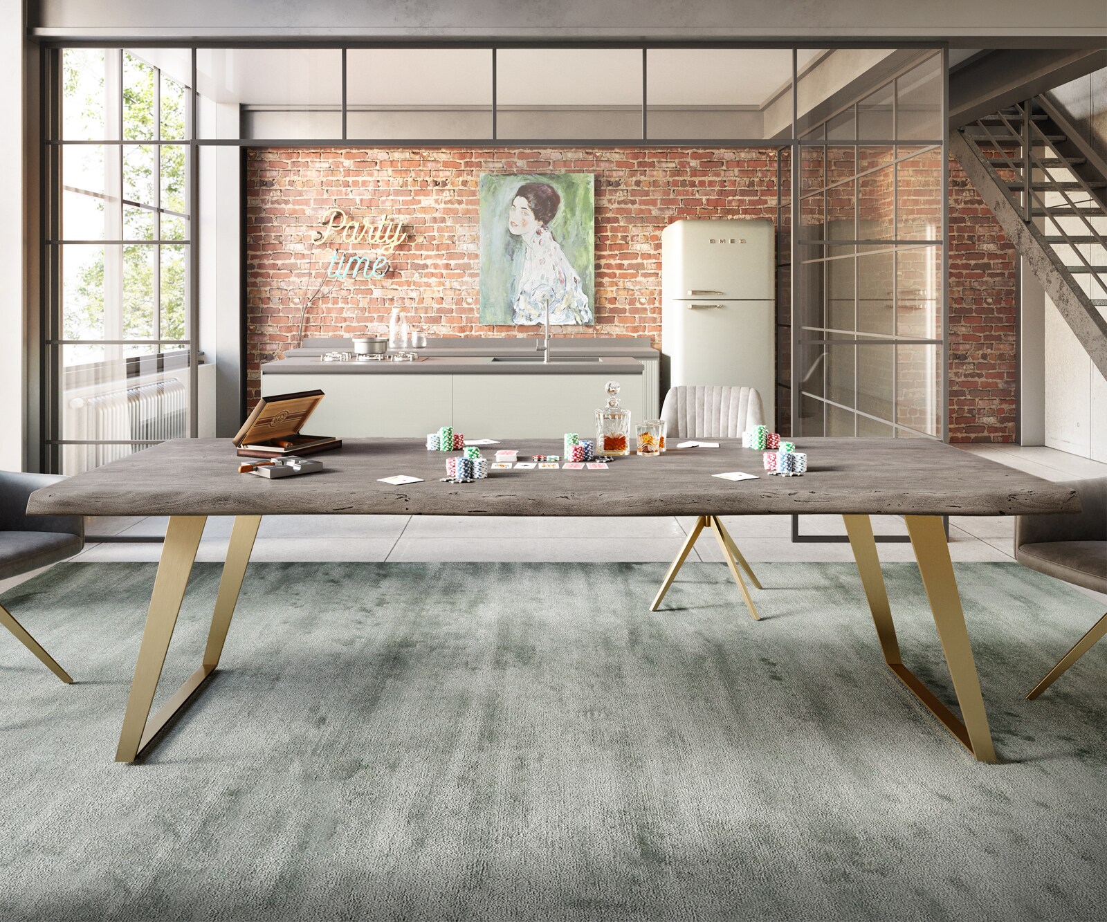 Eettafel Edge 260x100 XL acacia platina  roestvrij staal Gold schuin Live-Edge 6