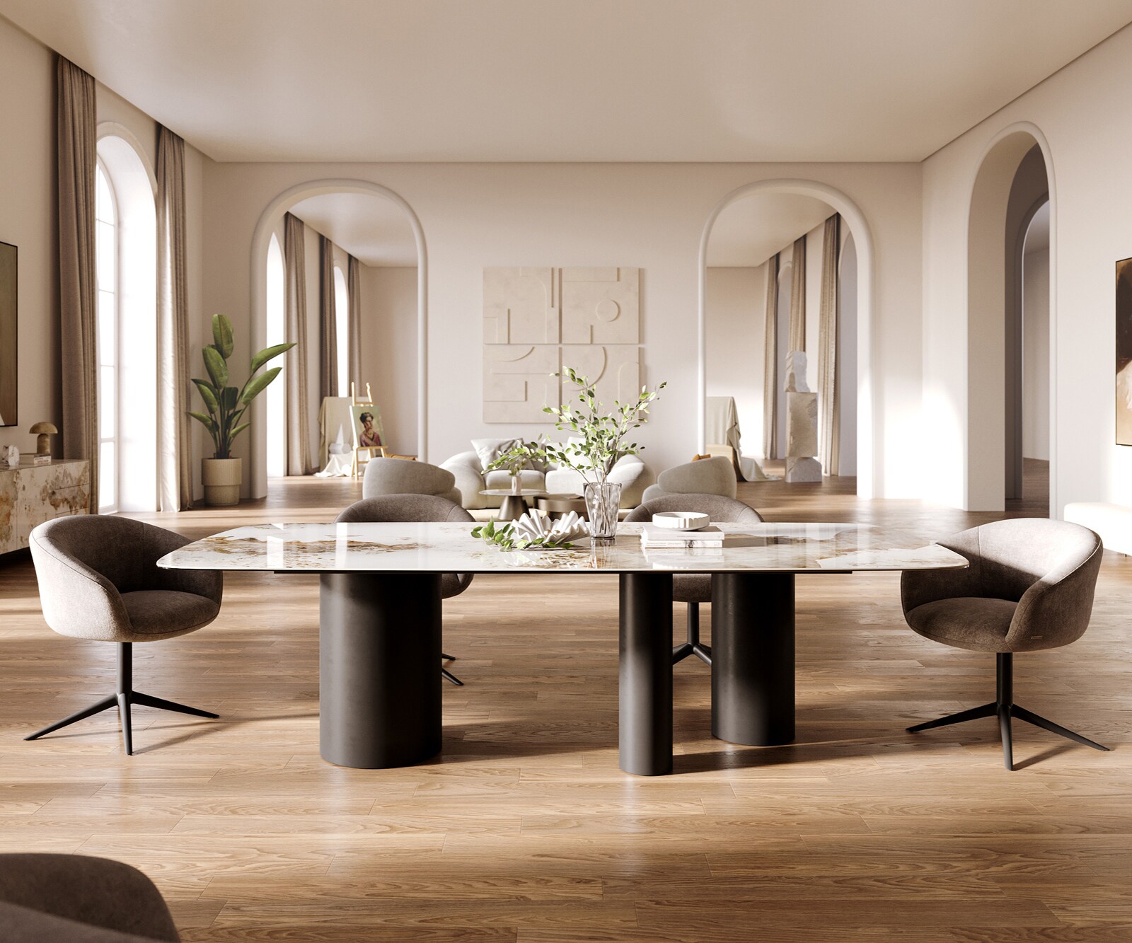 Eettafel Edge Boot 260x120 cm Keramiek Minas Melange Wit-Beige Troa Metaal Zwart 2