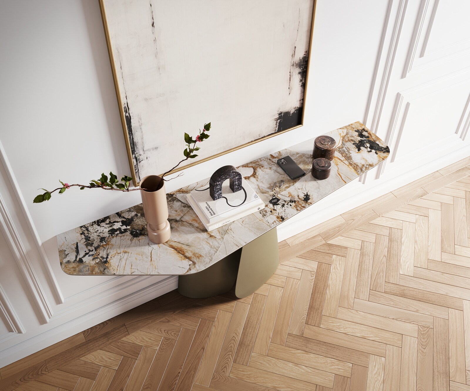 Consoletafel Edge Polygonaal 180x50 cm Keramiek Patagonia Poliert Livos Metaal Effektfinish Titan 2