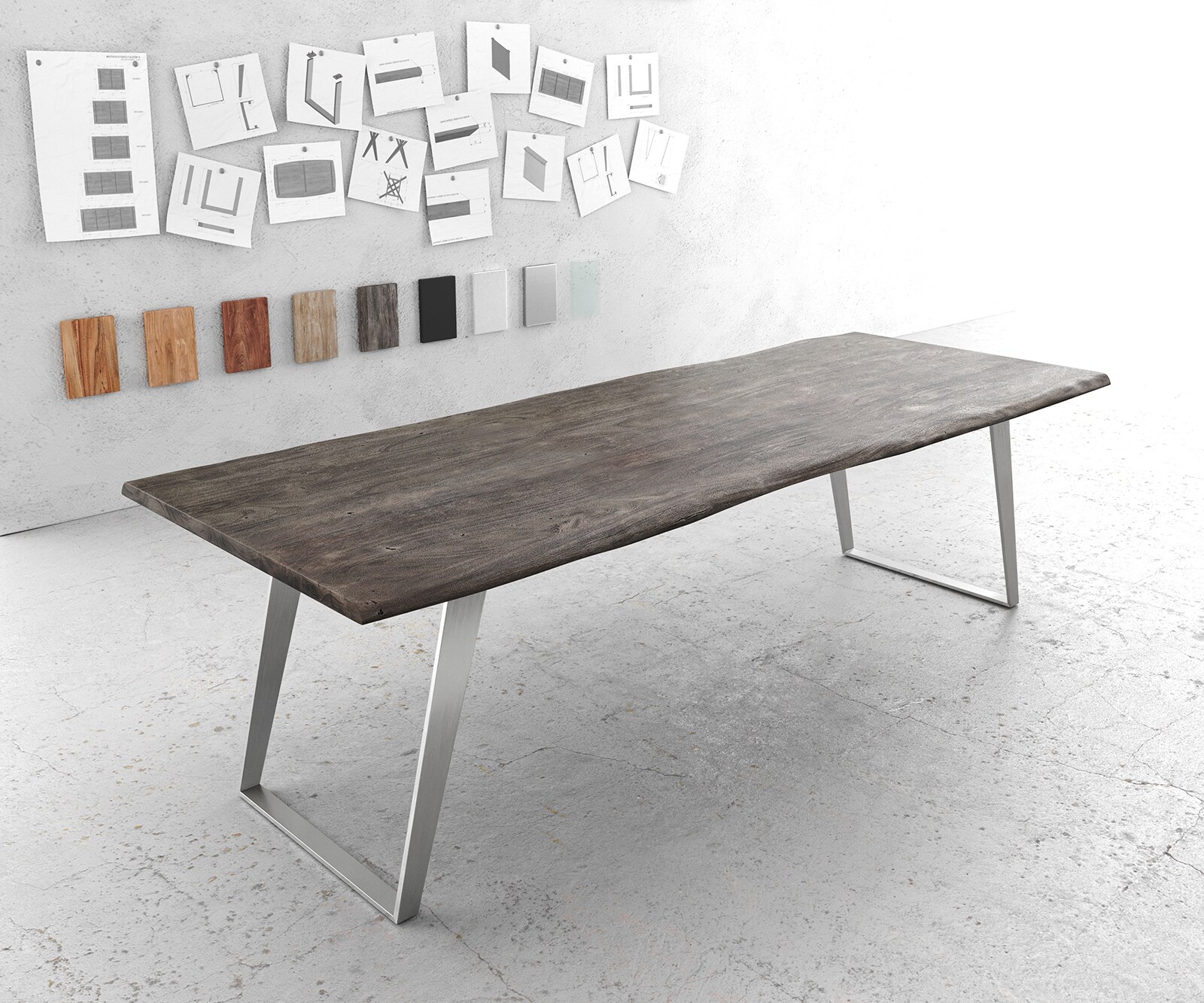 Eettafel Edge 260x100cm acacia platina roestvrijstaal zilver schuin Live-Edge