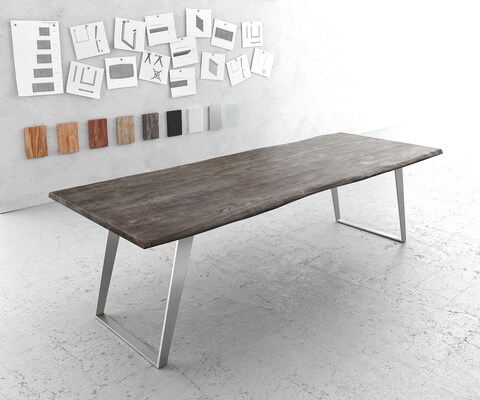 Eettafel Edge 260x100cm acacia platina roestvrijstaal zilver schuin Live-Edge