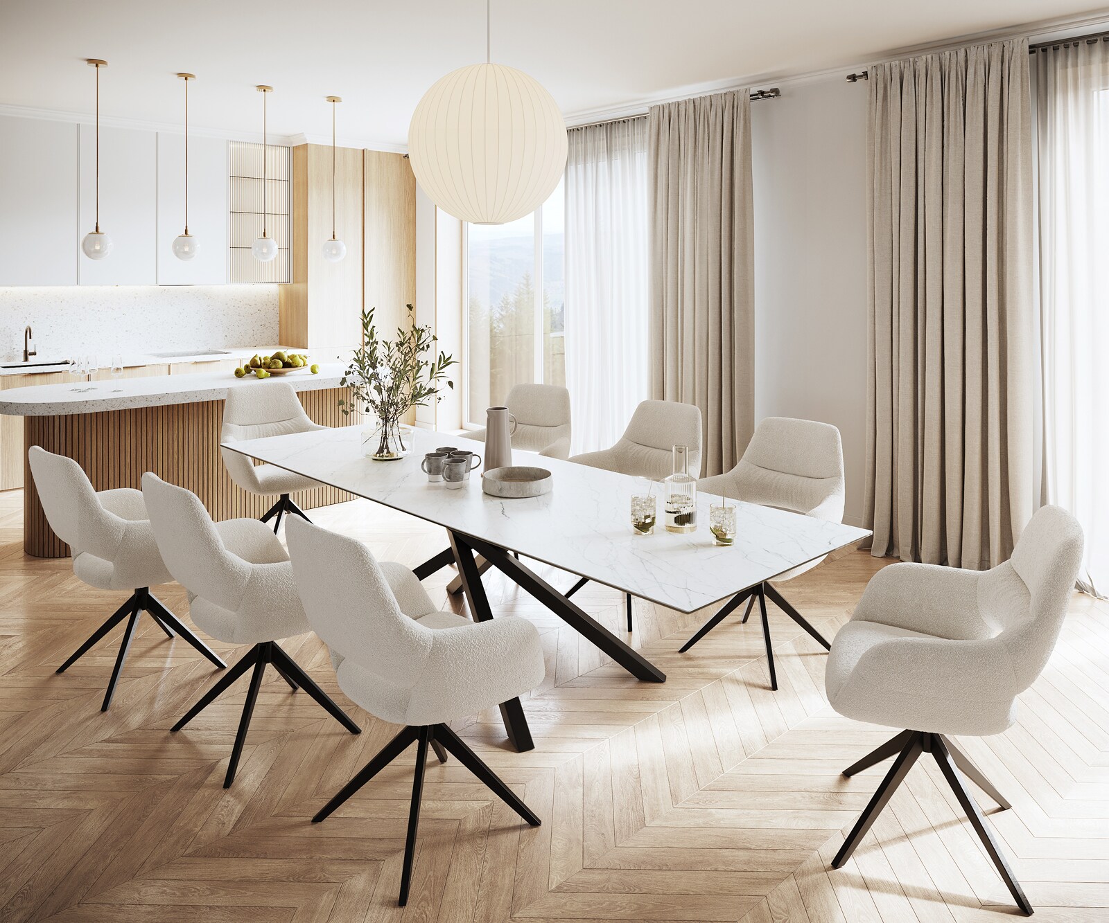 Eettafel Edge 300x100cm Laminam® keramiek wit middenpoot kruis zwart 6