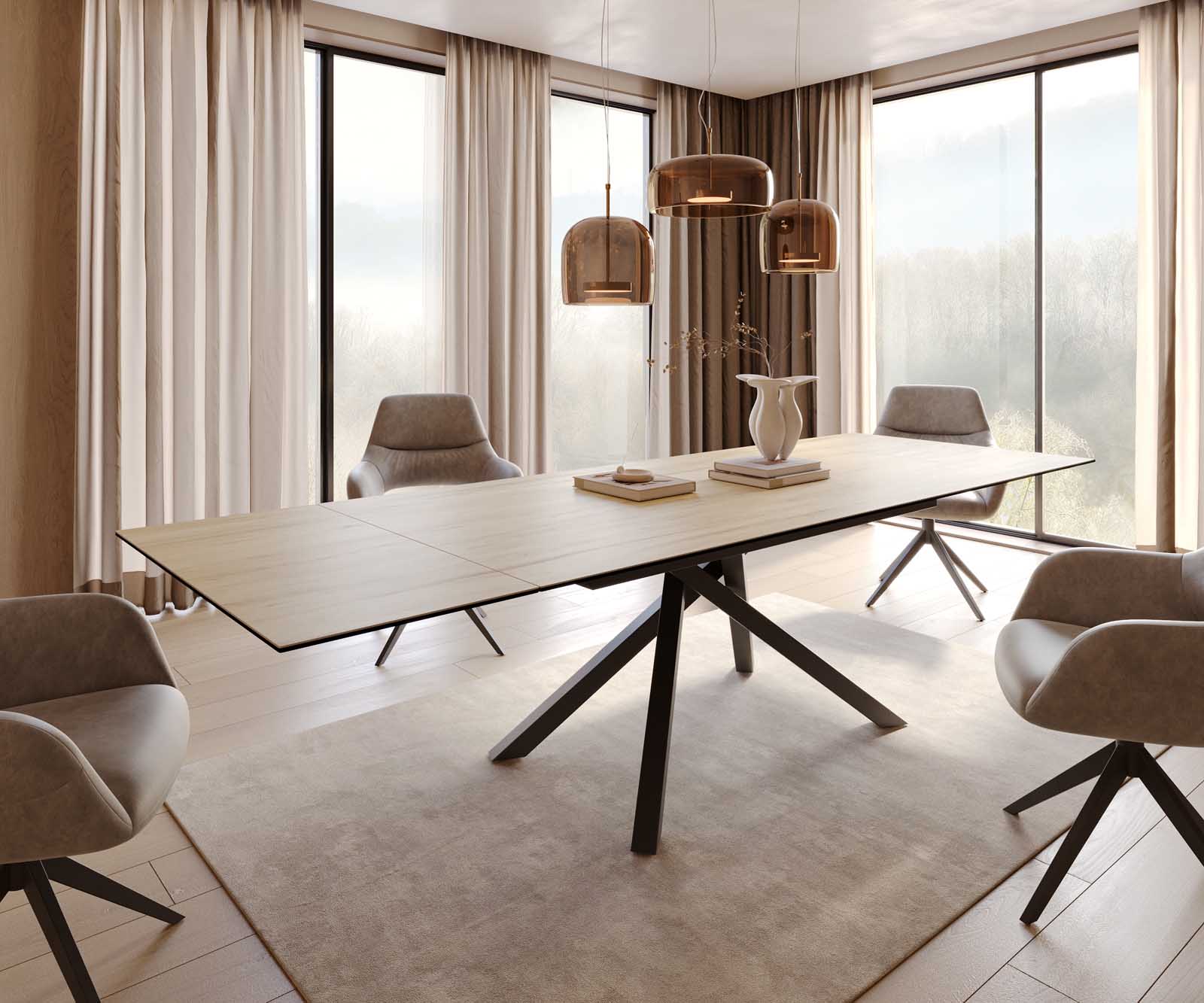 Eetkamertafel Edge 200-300x100 keramiek Laminam® Sabbia eiken kleur kruisframe rechthoek zwart uitschuifbaar
